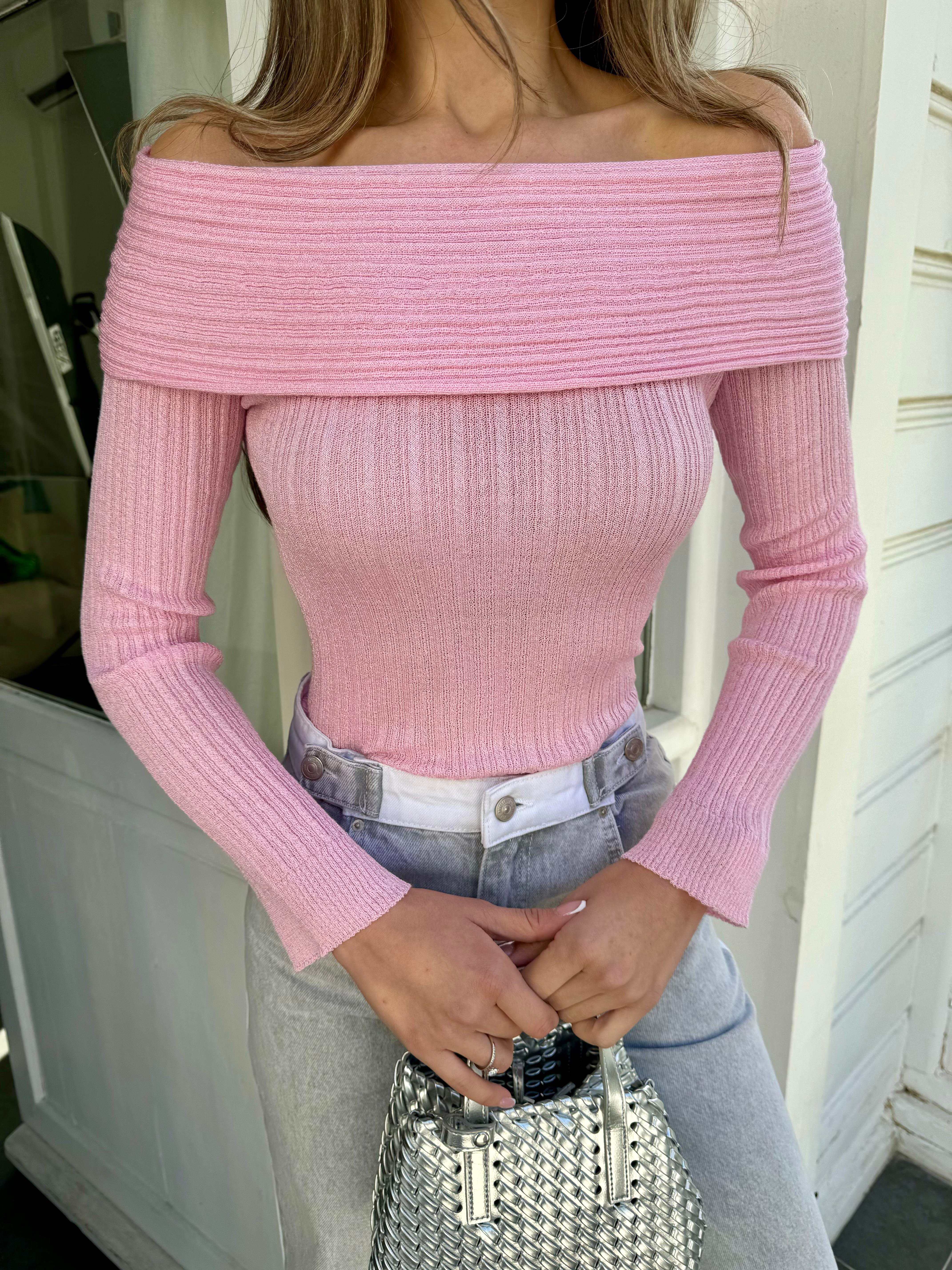 Pembe İnce Doku Kayık Yaya Triko