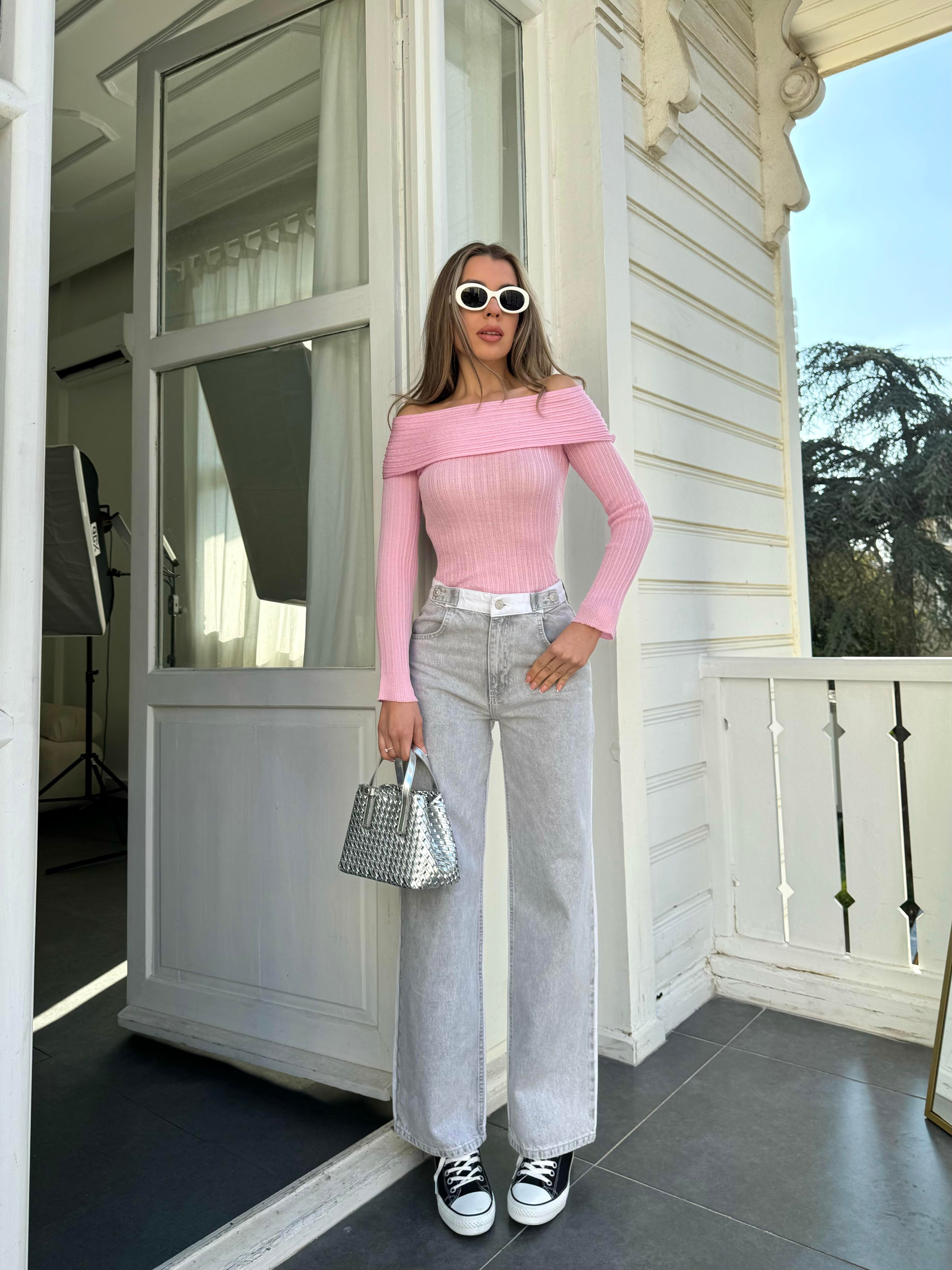 Pembe İnce Doku Kayık Yaya Triko