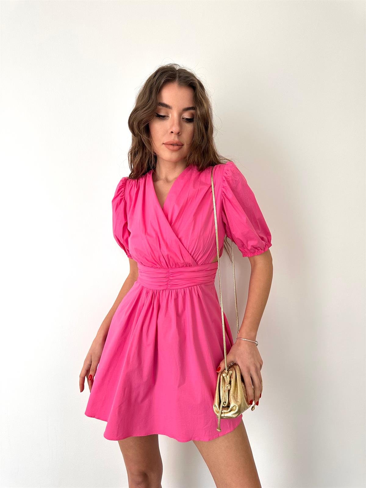 Pembe Karpuz Kol Mini Elbise