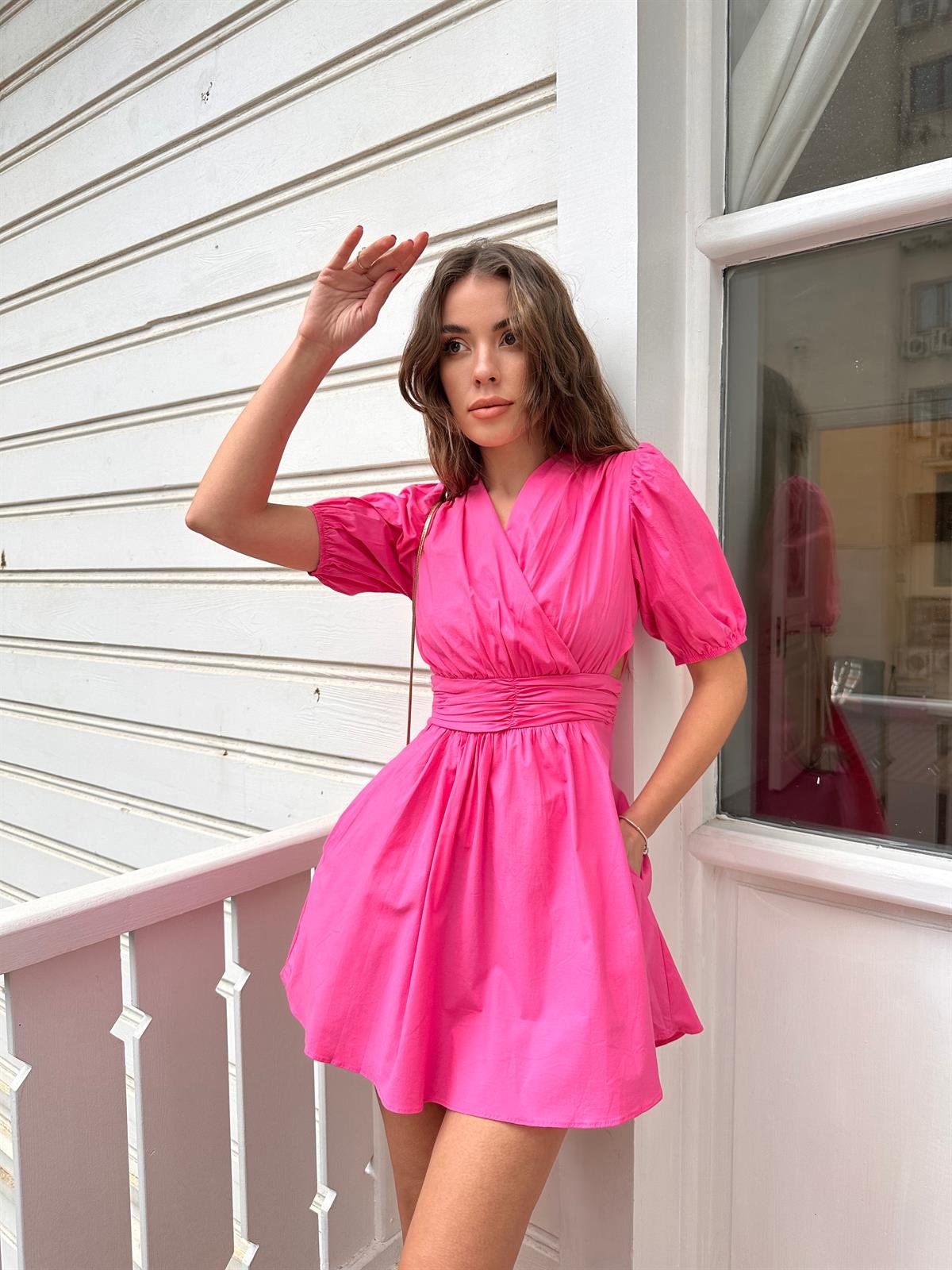 Pembe Karpuz Kol Mini Elbise