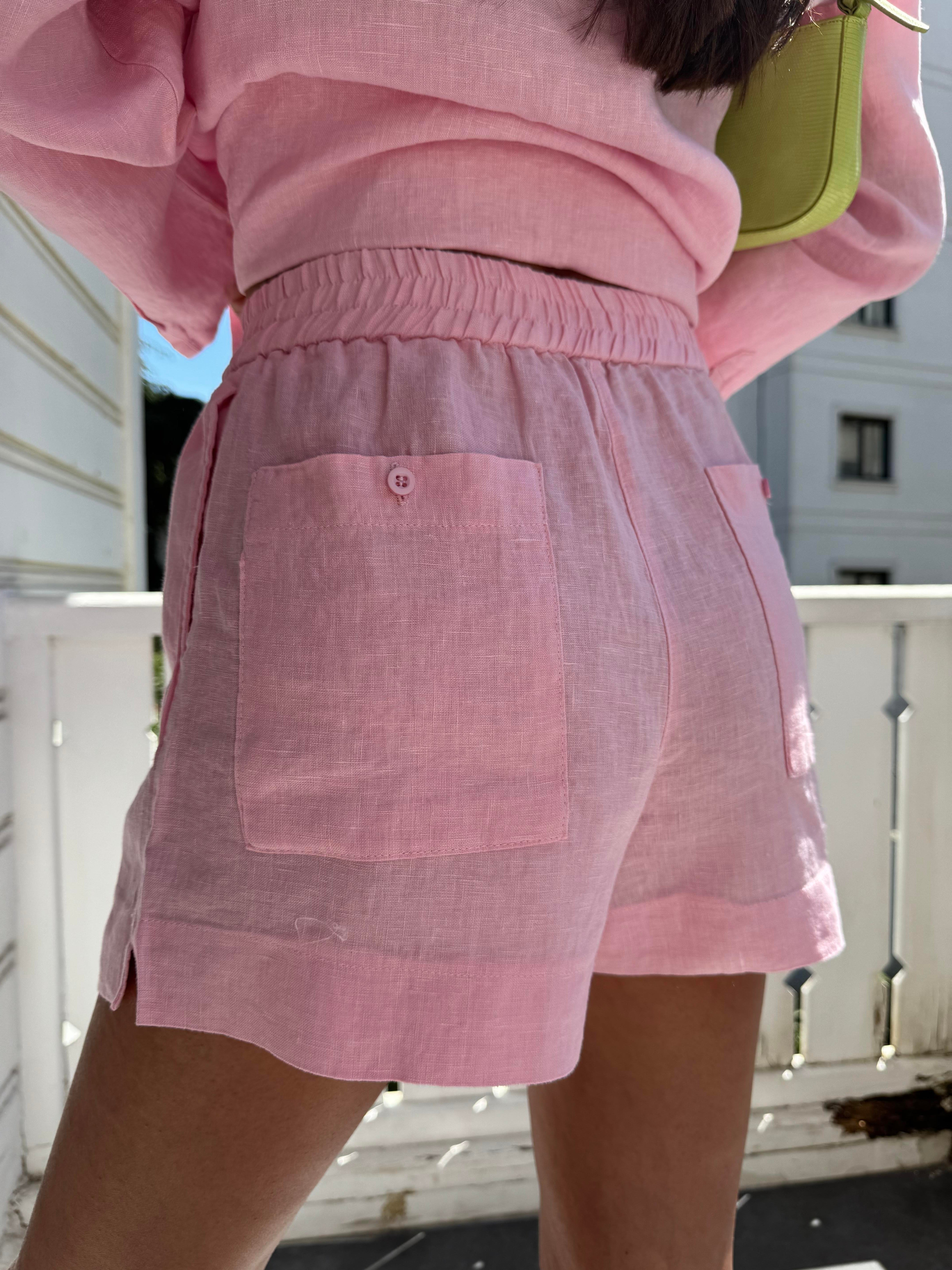 Pembe Keten Şortlu Takım