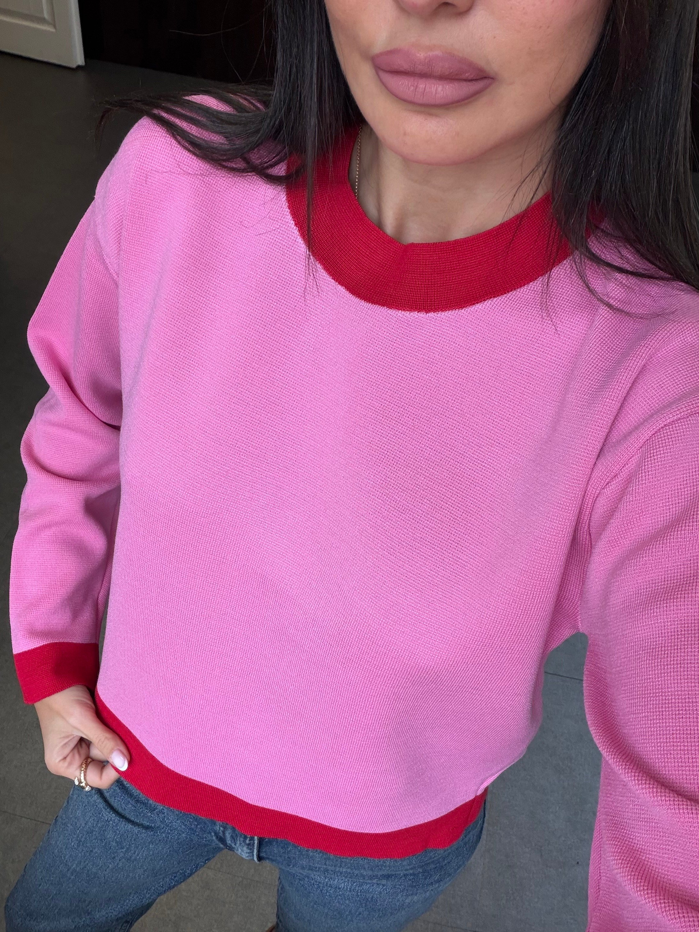 Pembe Kırmızı Şeritli Bisiklet Yaka Kazak