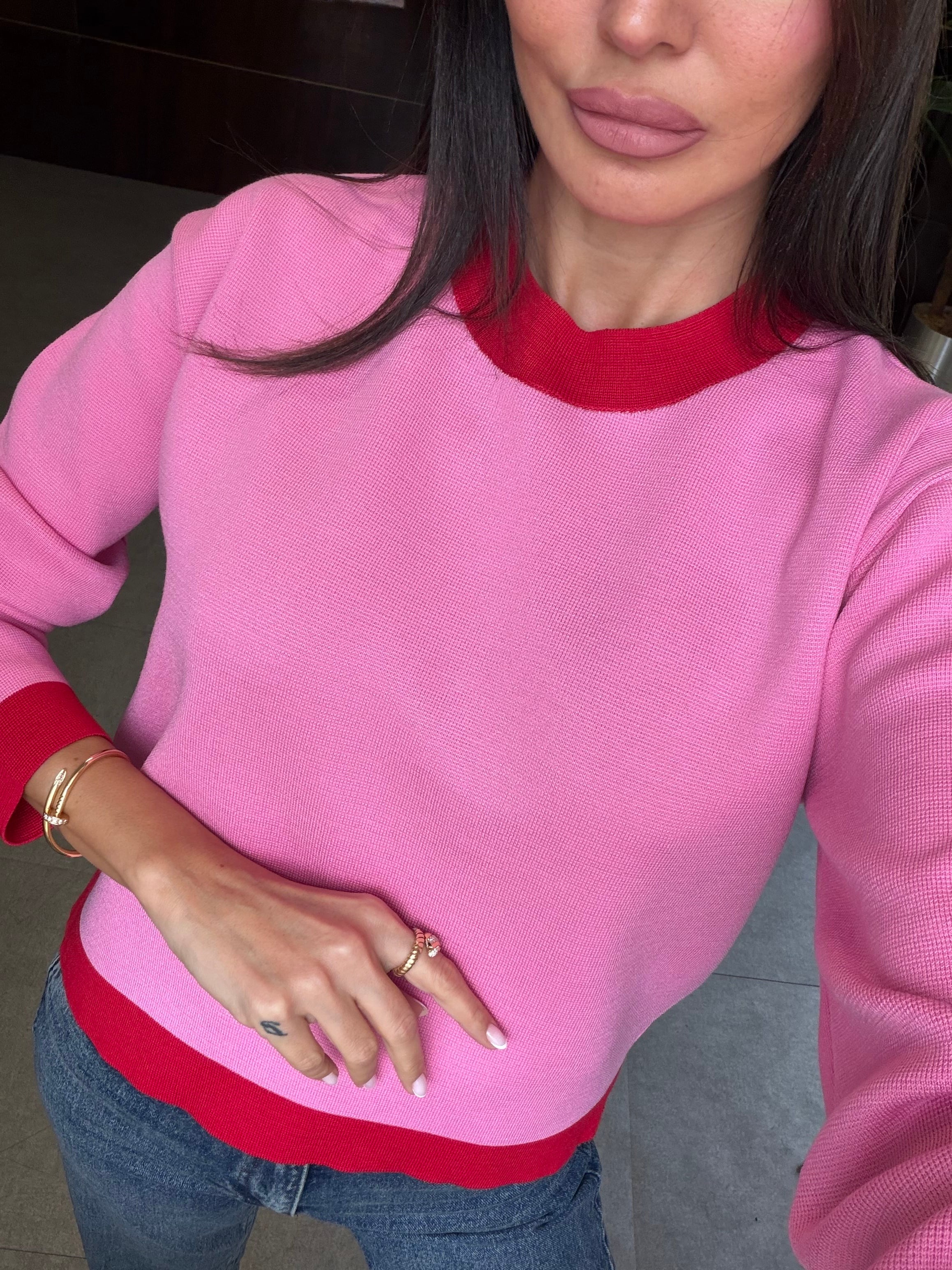 Pembe Kırmızı Şeritli Bisiklet Yaka Kazak