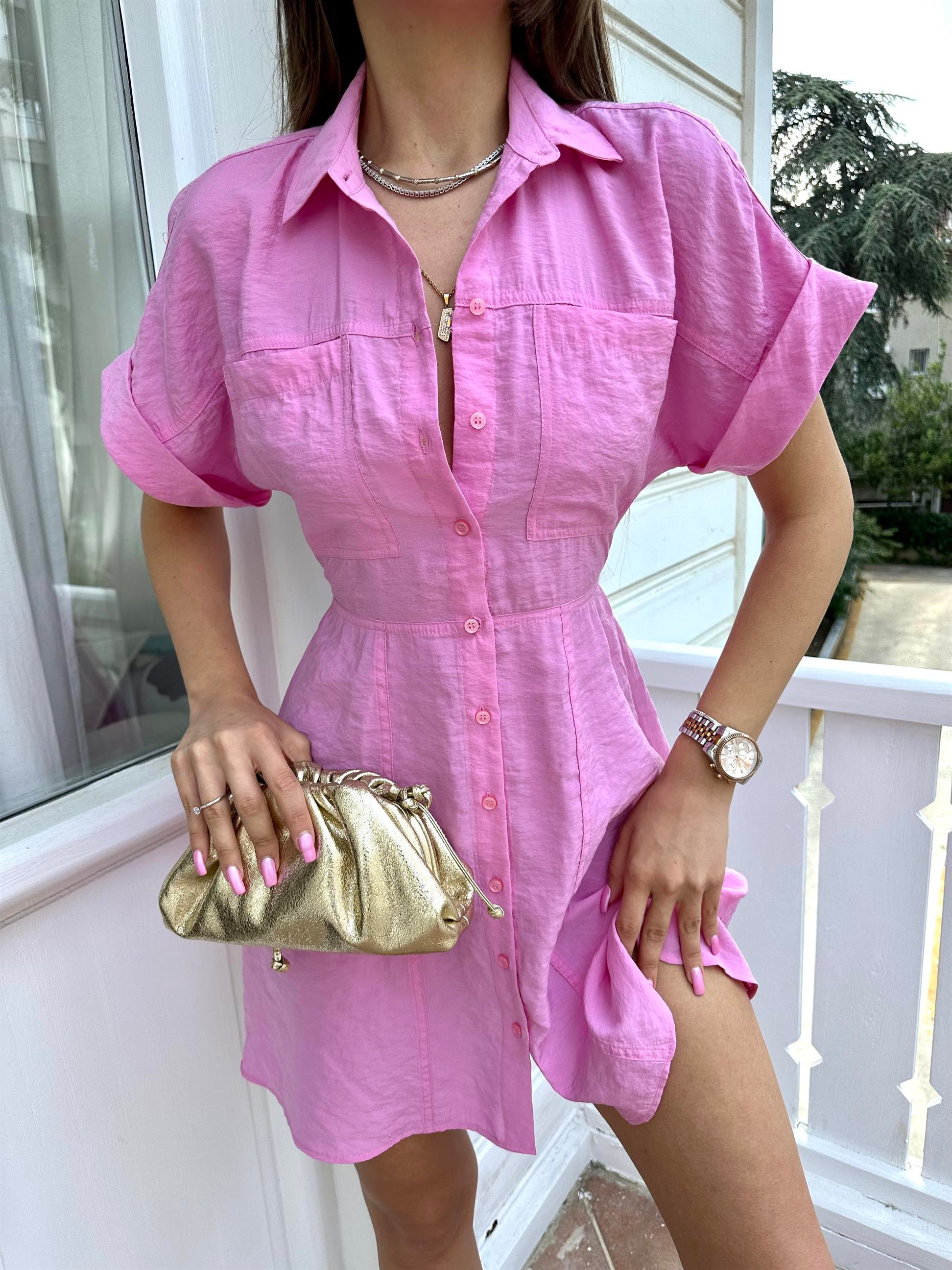 Pembe Kısa Kol Gömlek Yakalı Elbise