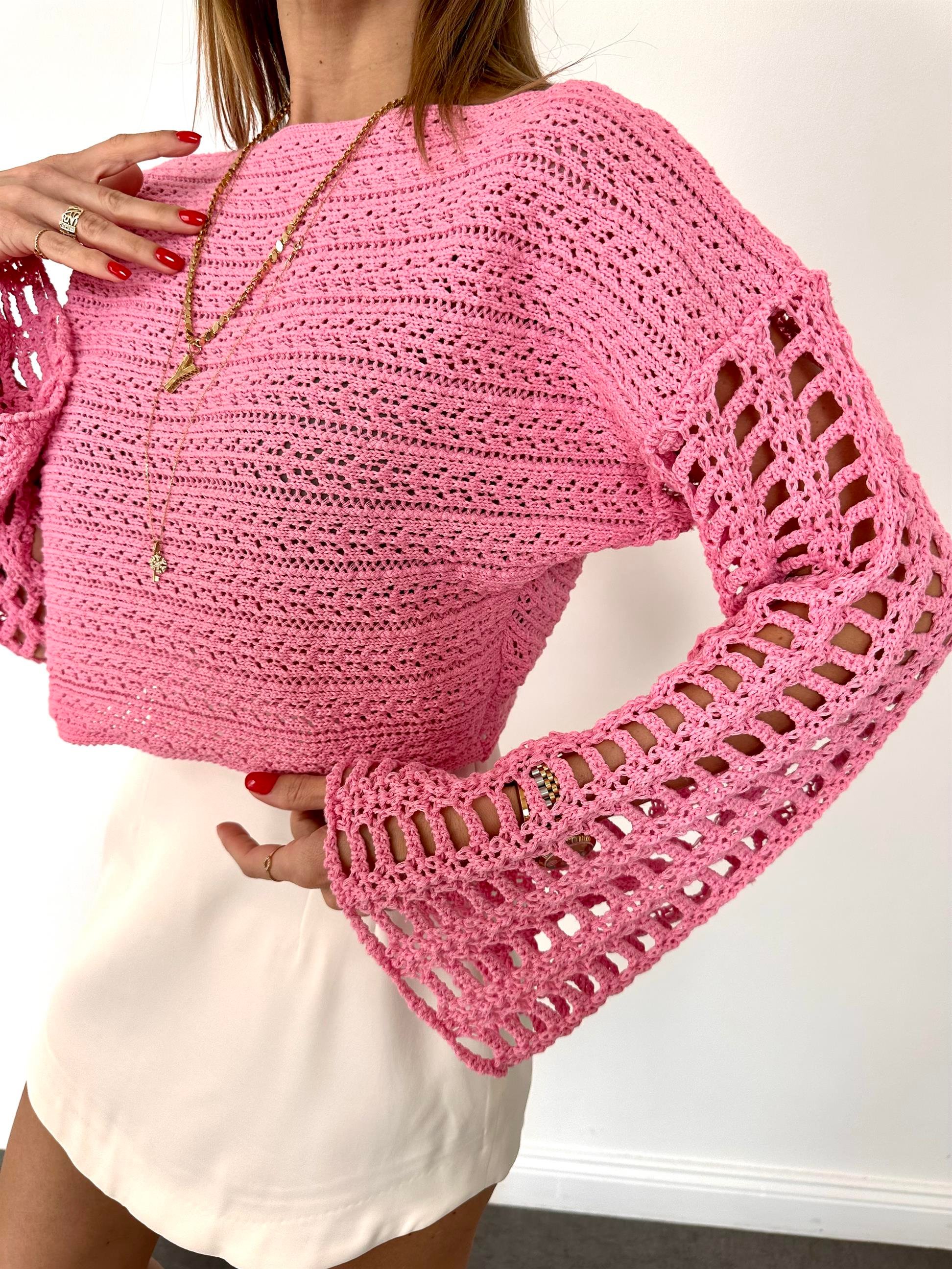 Pembe  Kolları Delikli Triko