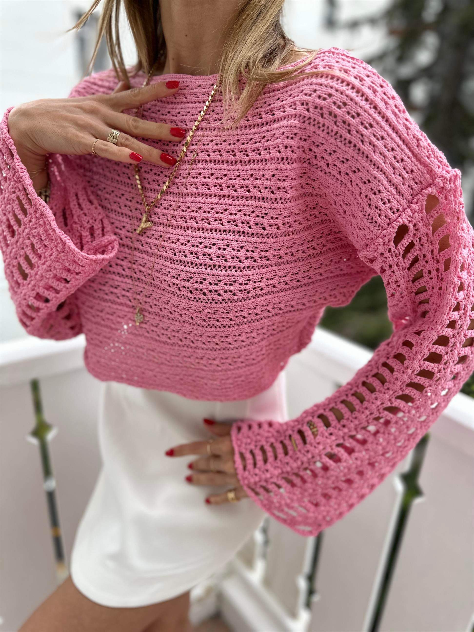 Pembe  Kolları Delikli Triko