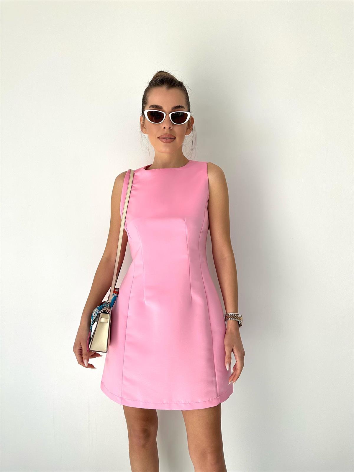 Pembe  Kolsuz Saten Elbise