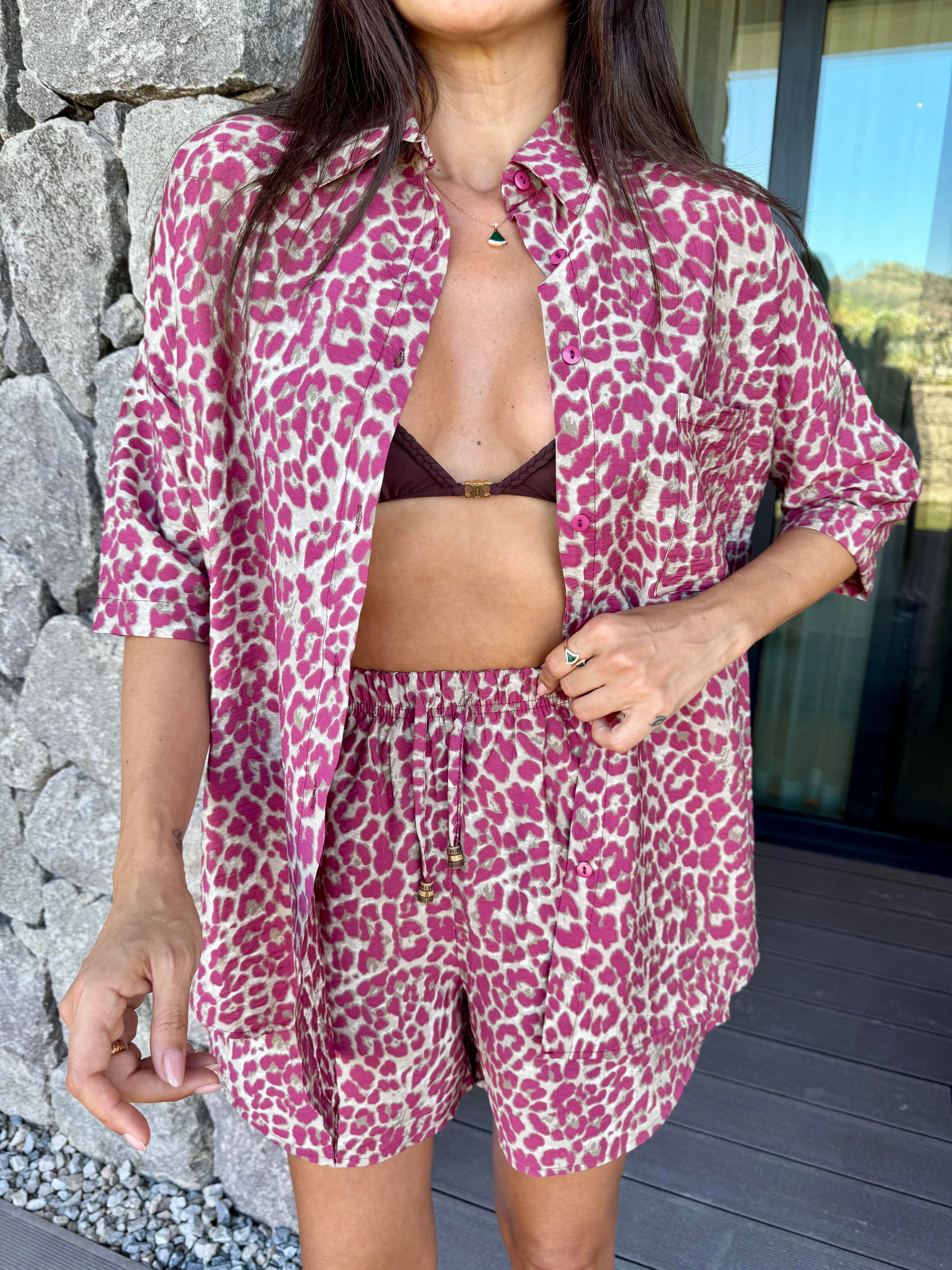 Pembe Leopar Desen Şortlu Takım