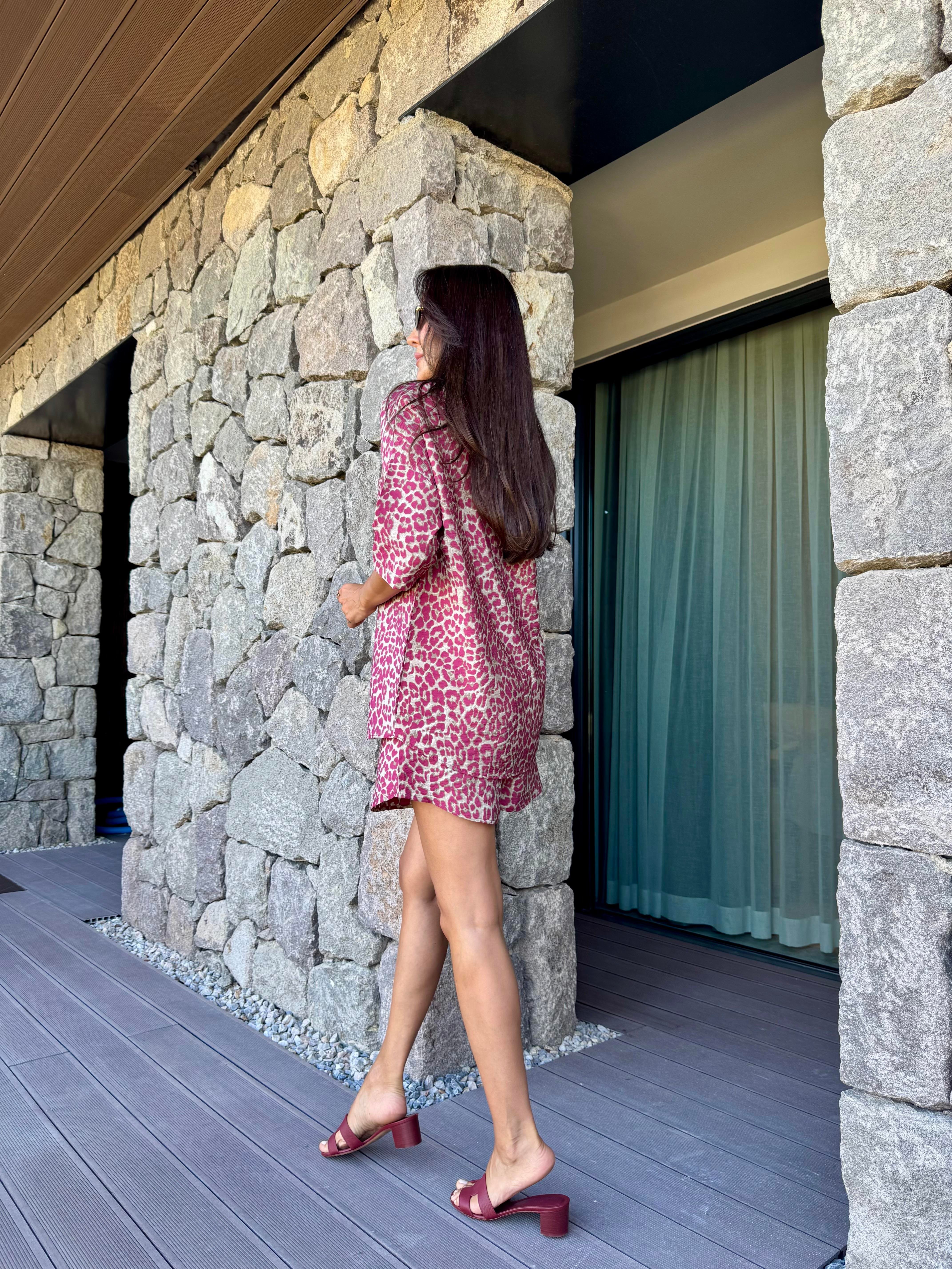 Pembe Leopar Desen Şortlu Takım