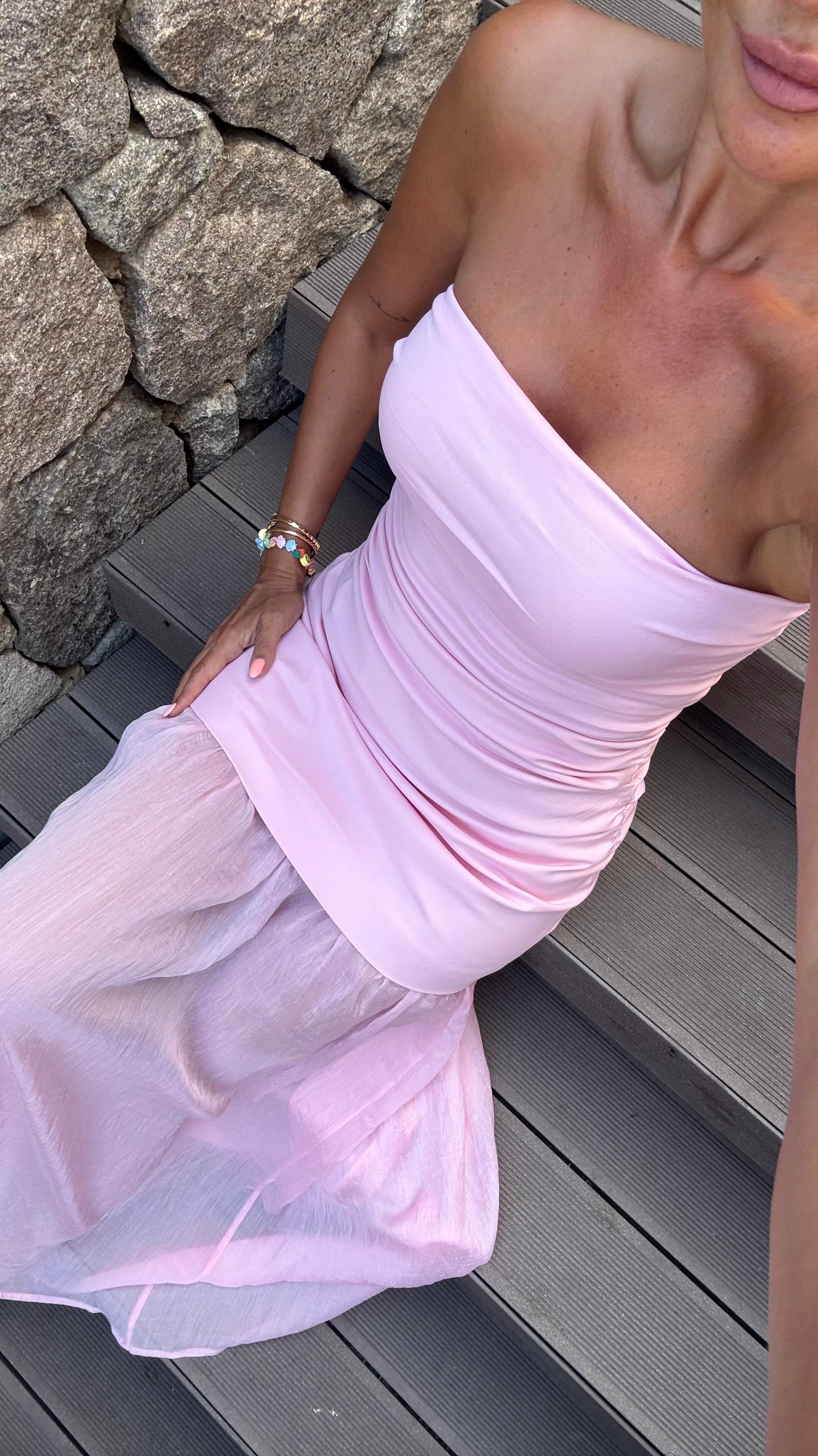 Pembe Midi Straplez Elbise