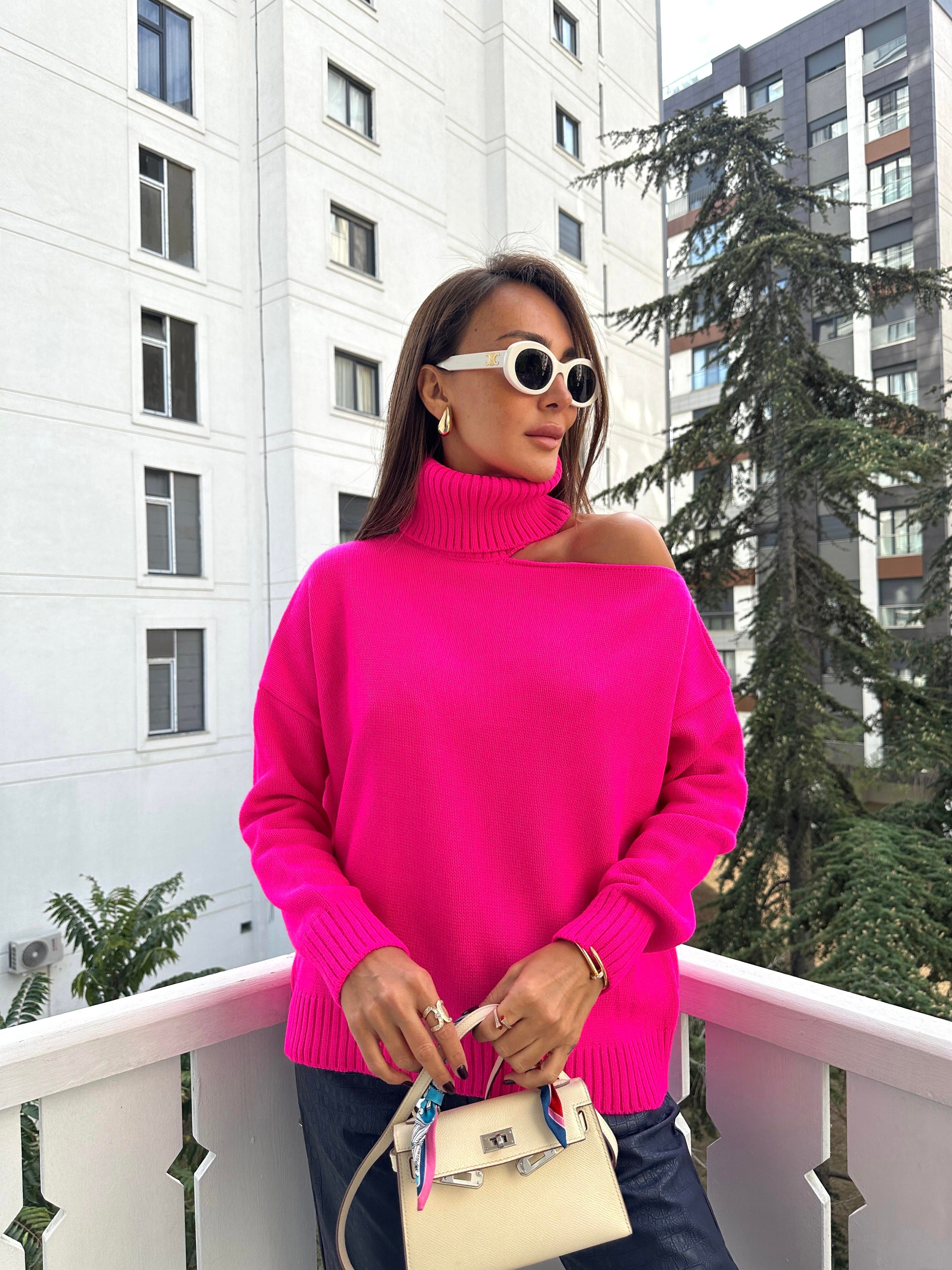 Pembe Omzu Pencereli Balıkçı Kazak