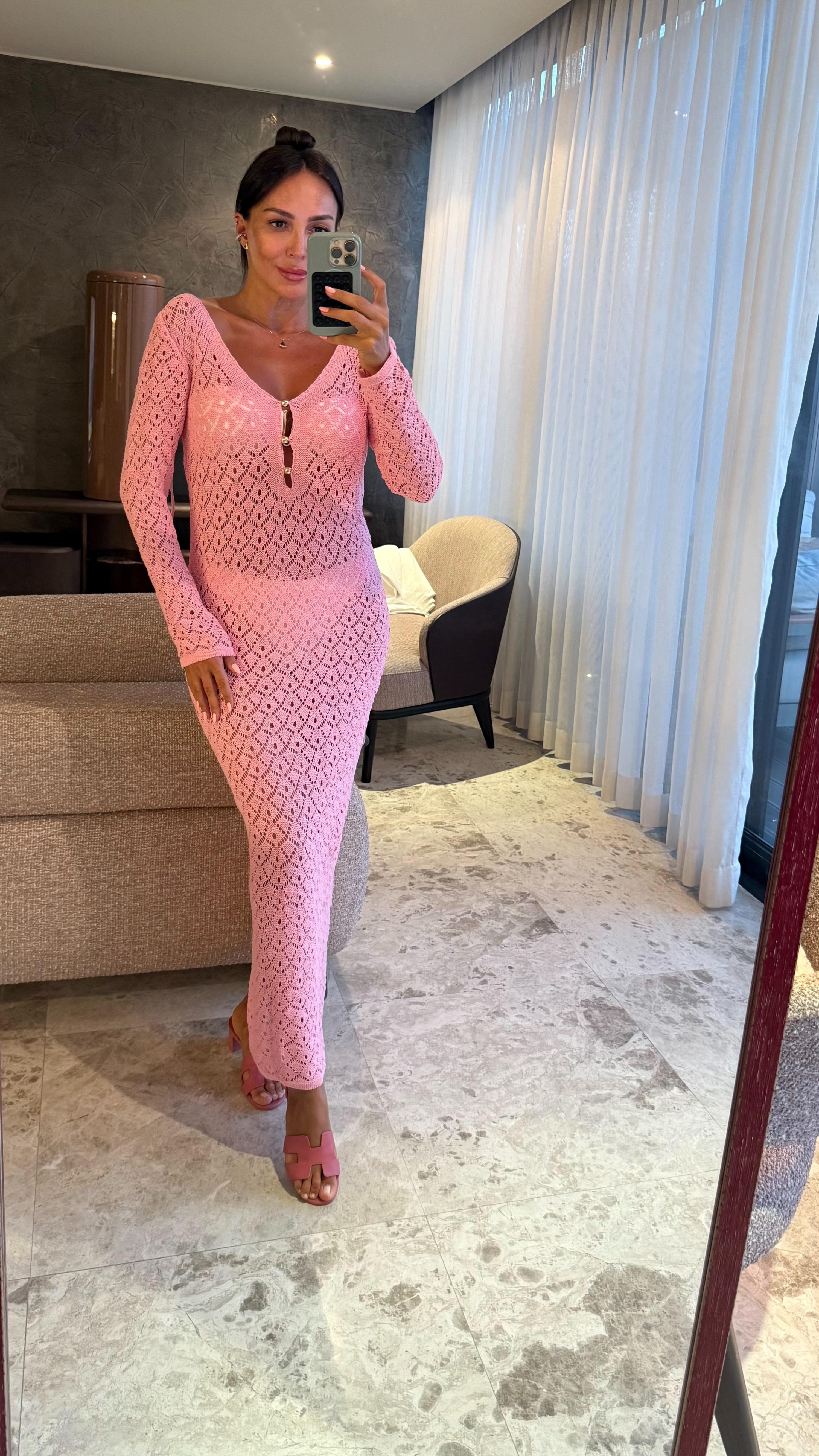 Pembe Önden Düğmeli Triko Elbise