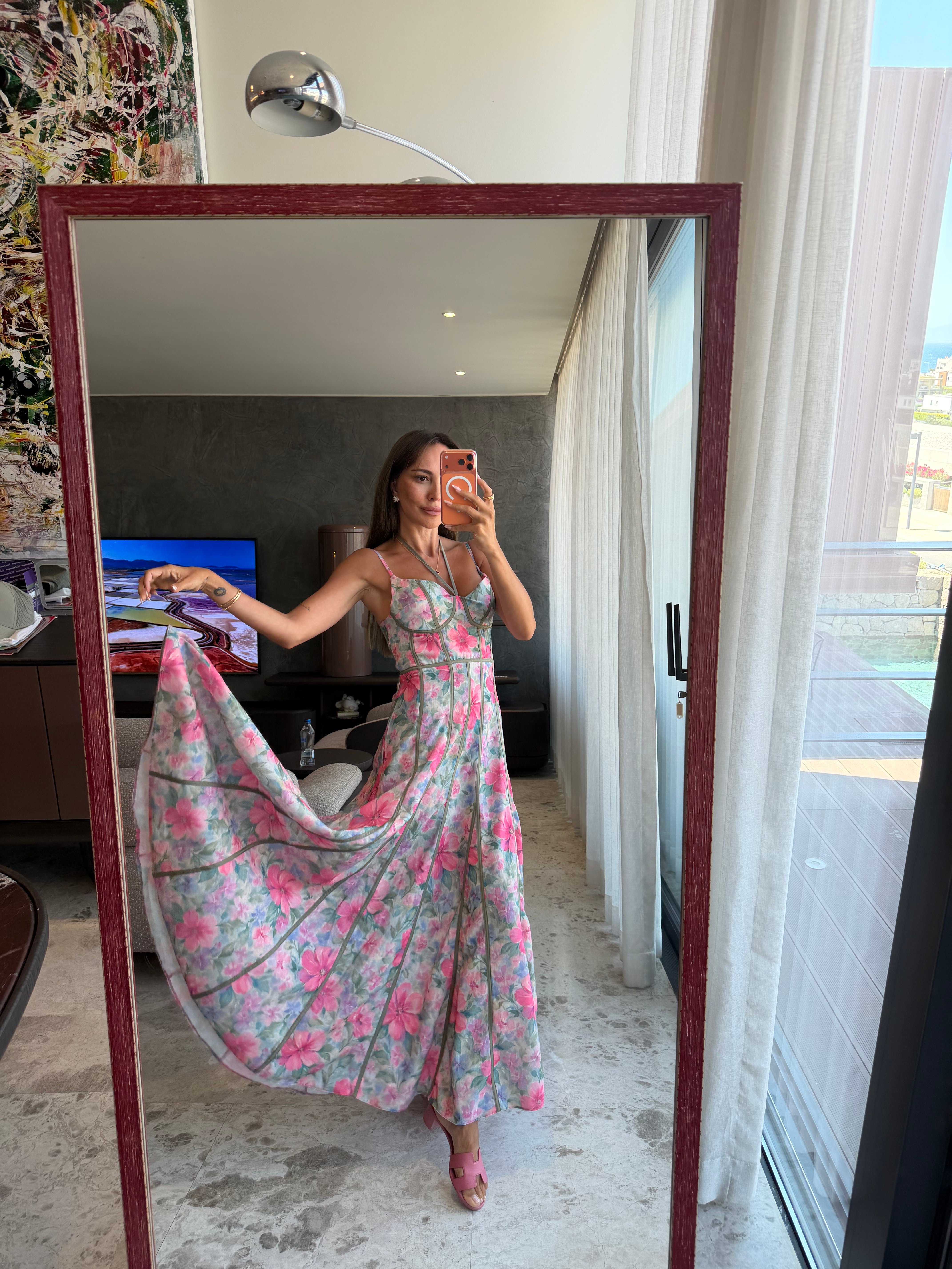 Pembe Şeritli Keten Elbise