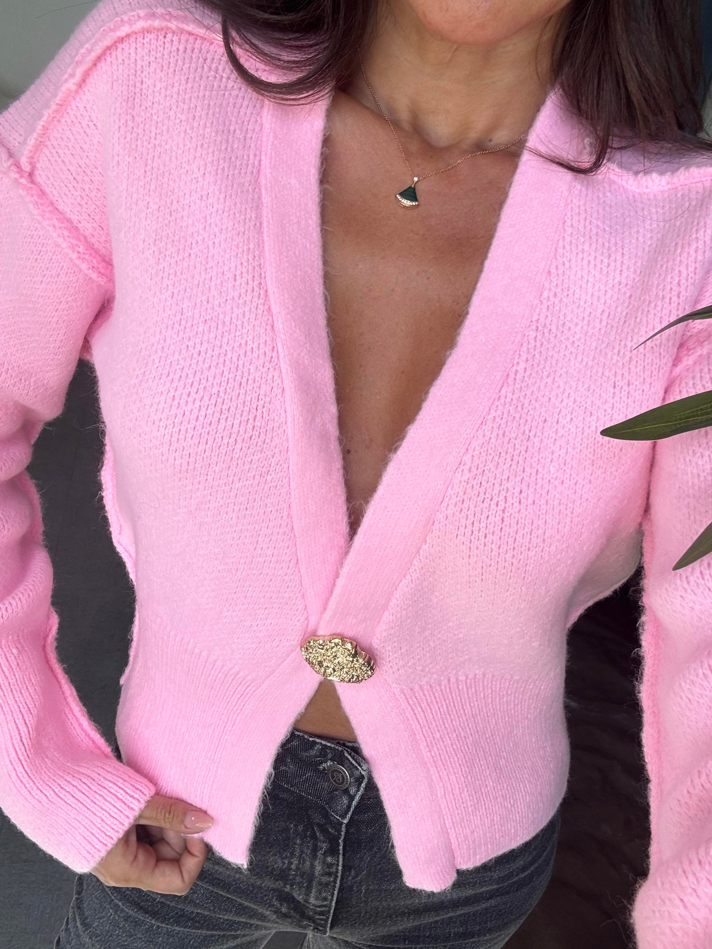 Pembe Ters Dikişli Tek Düğmeli Hırka