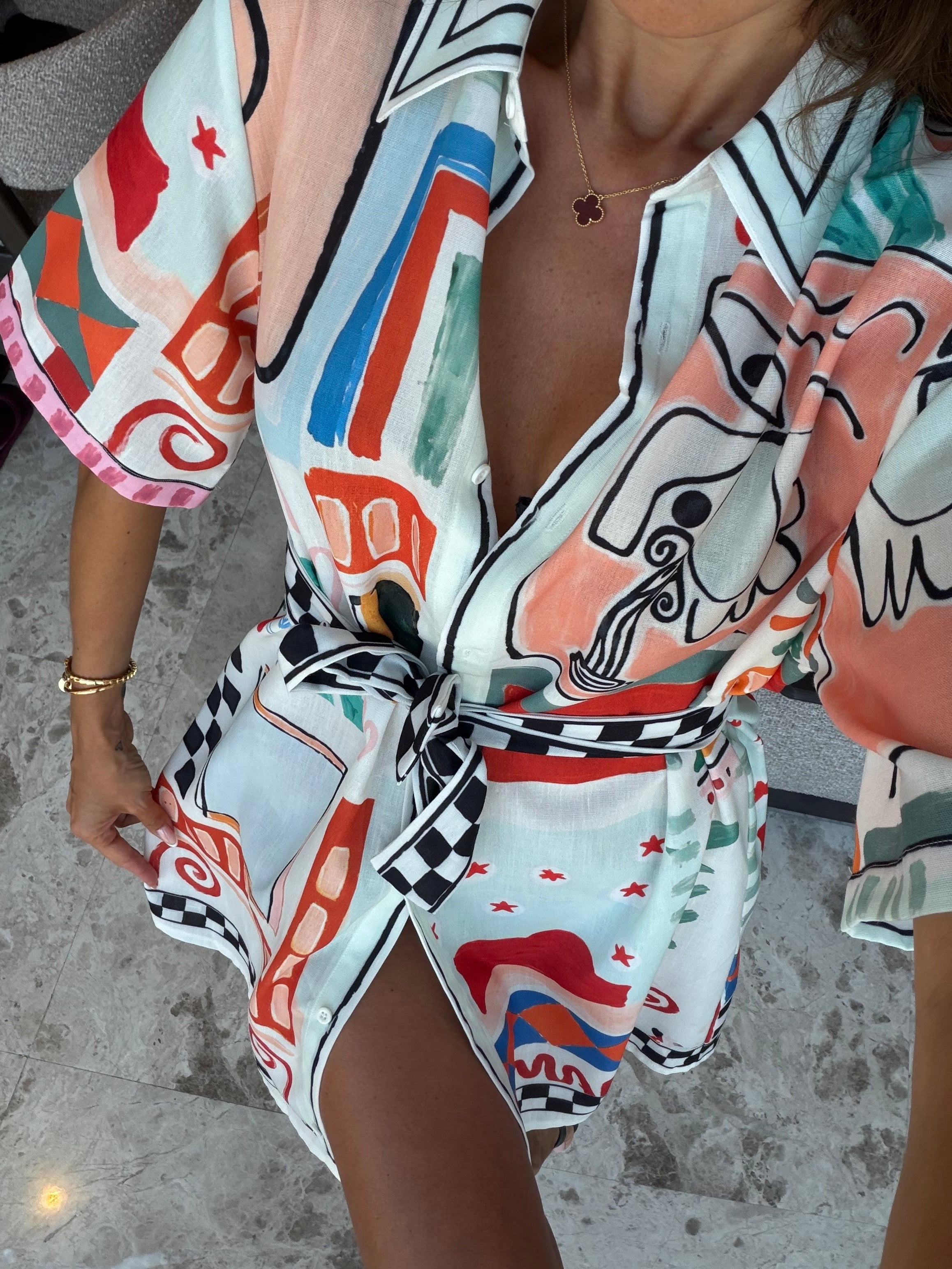 Renkli Figürlü Kuşaklı Kimono