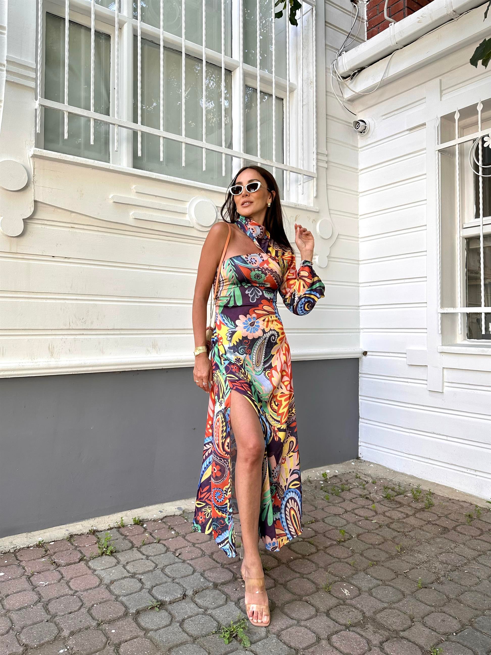 Renkli  Tek Omuz Saten Elbise