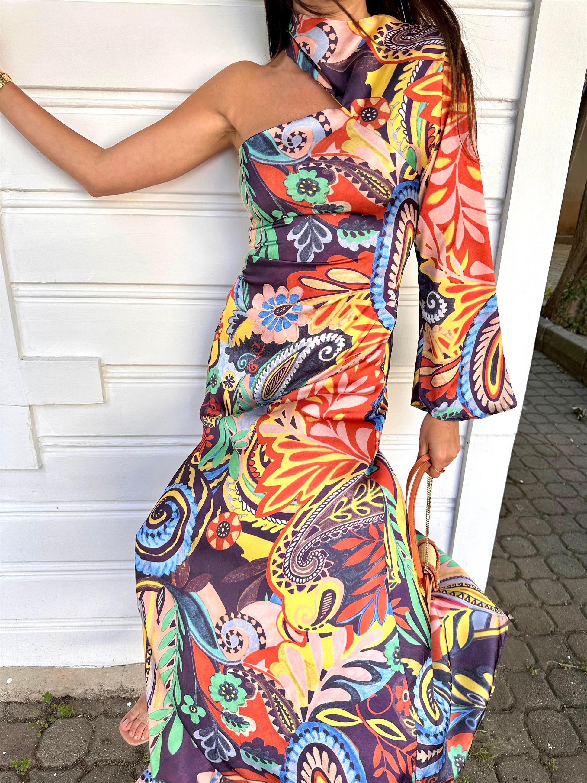 Renkli  Tek Omuz Saten Elbise