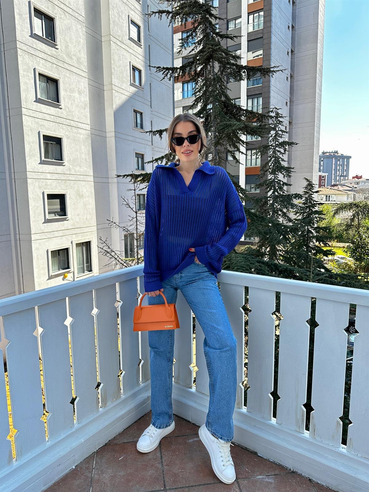 Saks Mavi Ajurlu Patlı Polo Yaka Kazak