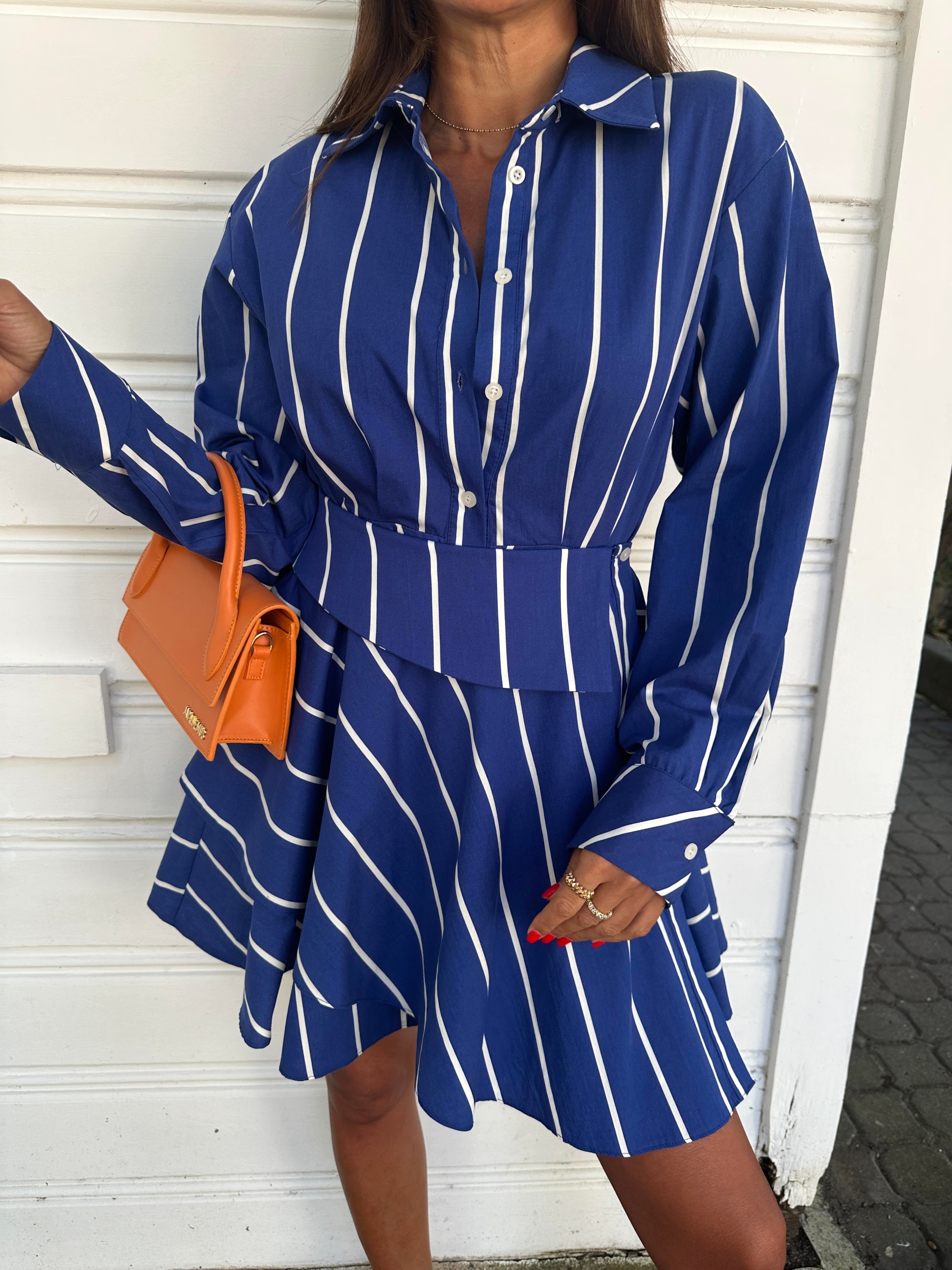 Saks Mavi Tasarım Gömlek Elbise