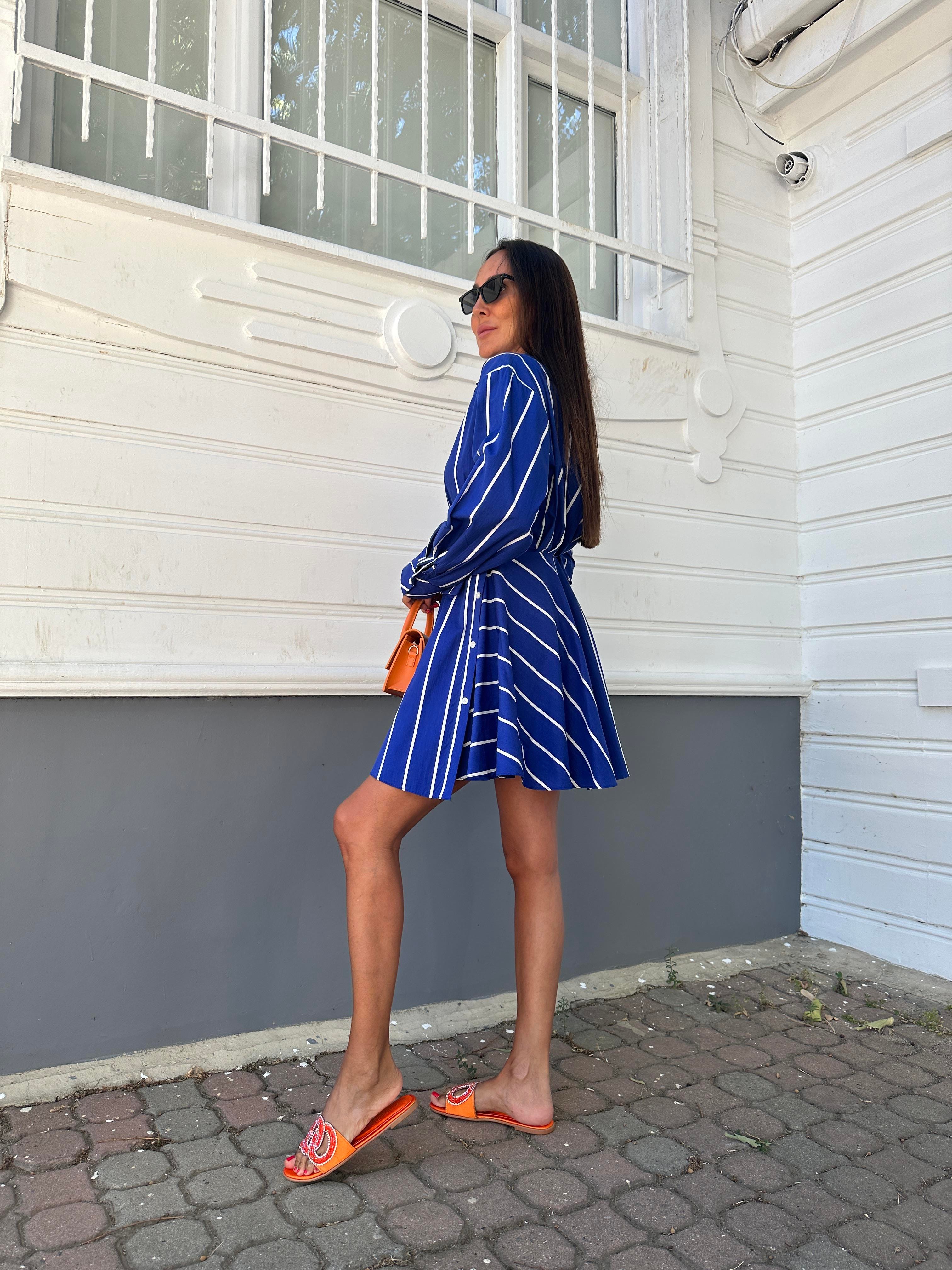 Saks Mavi Tasarım Gömlek Elbise