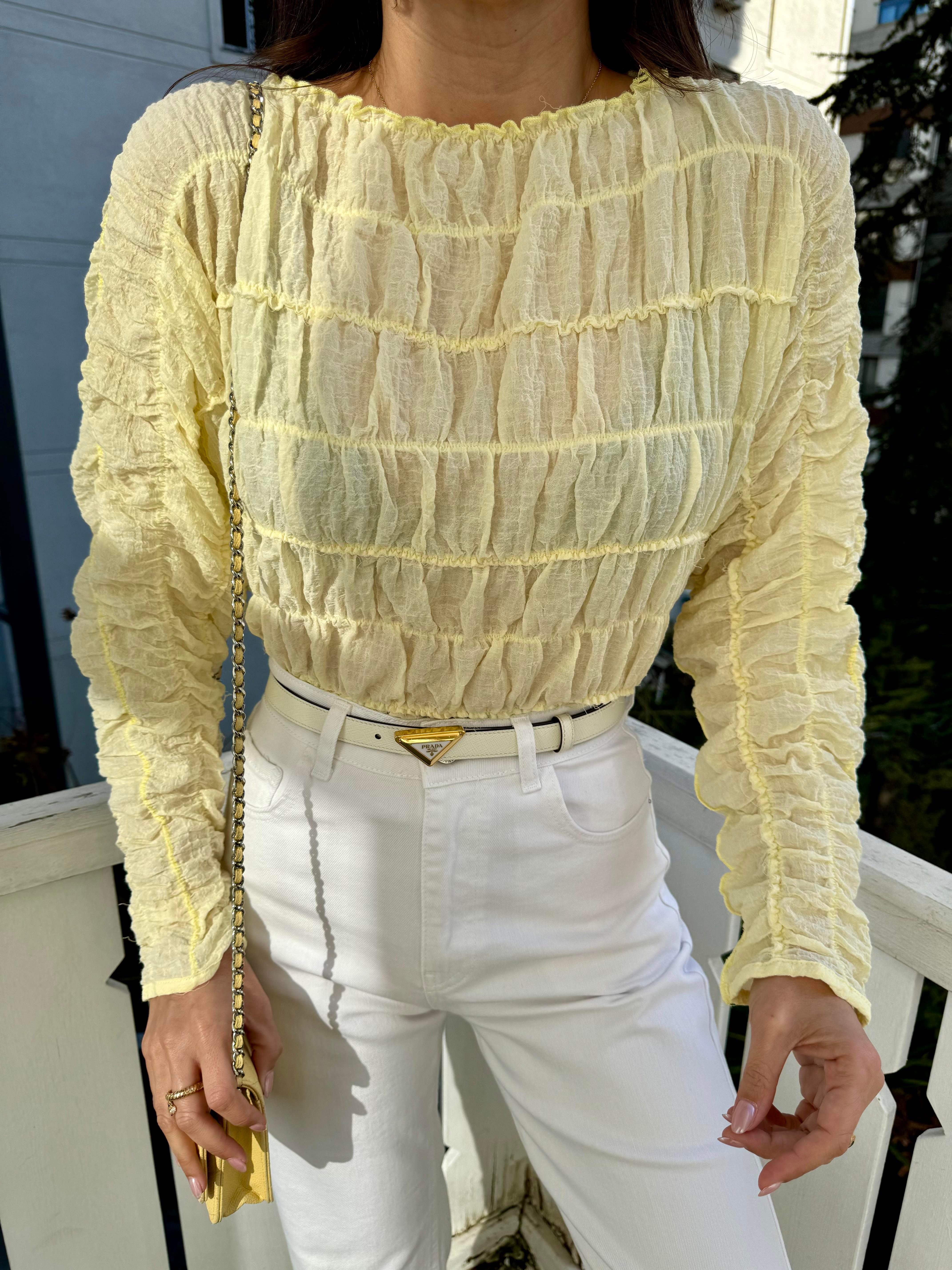 Sarı Gofre Dikişli Bluz