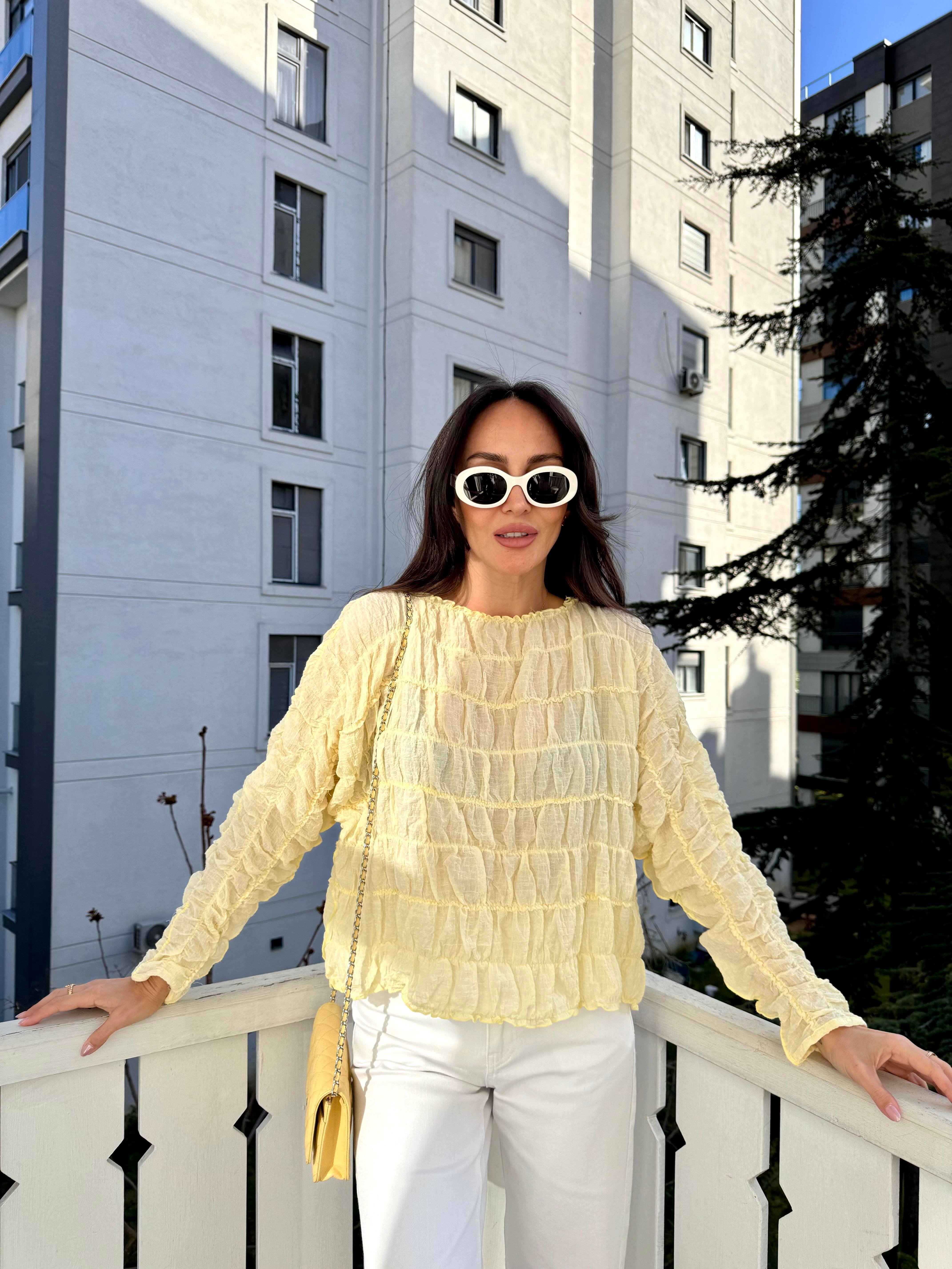 Sarı Gofre Dikişli Bluz