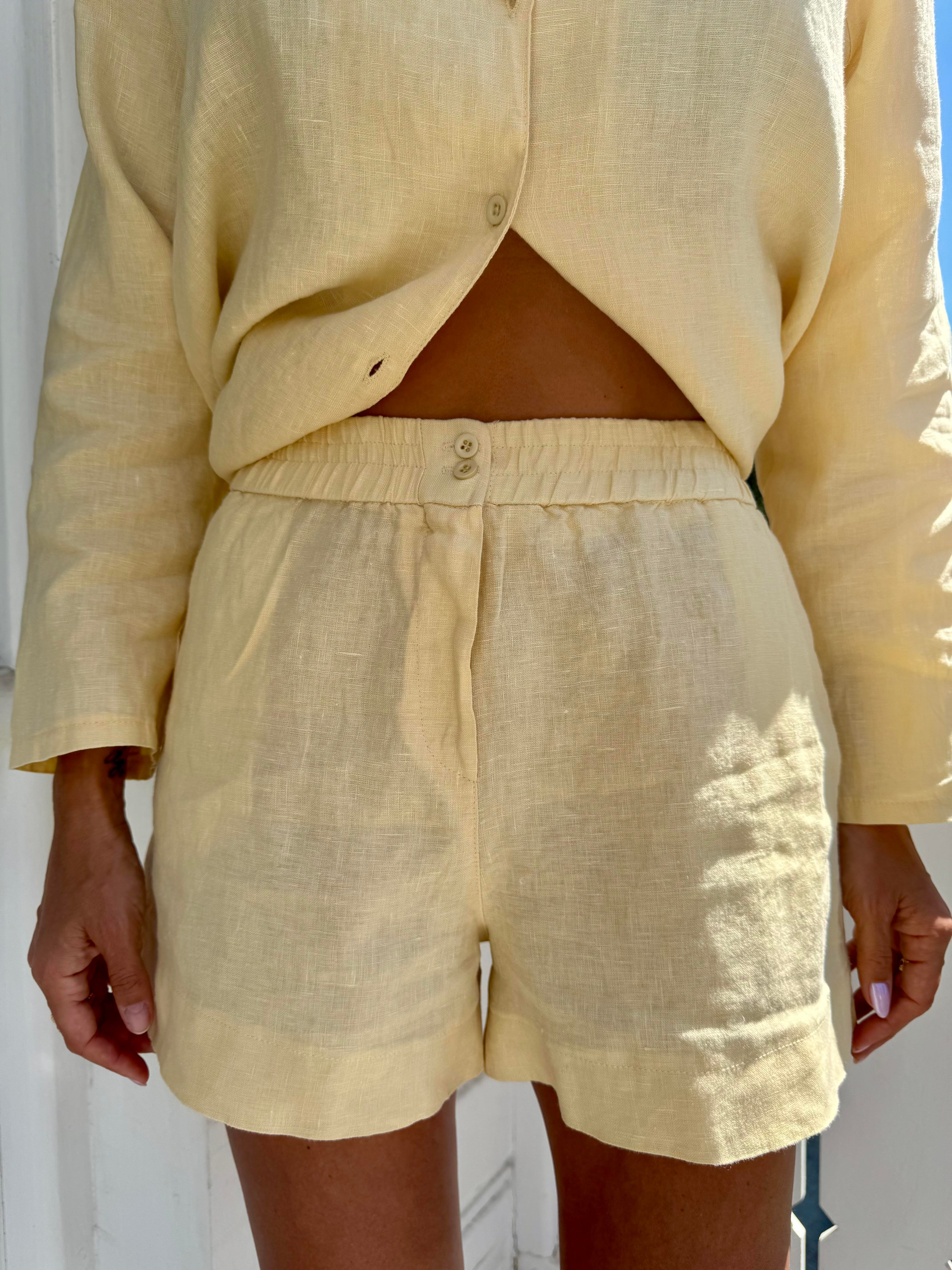 Sarı Keten Şortlu Takım