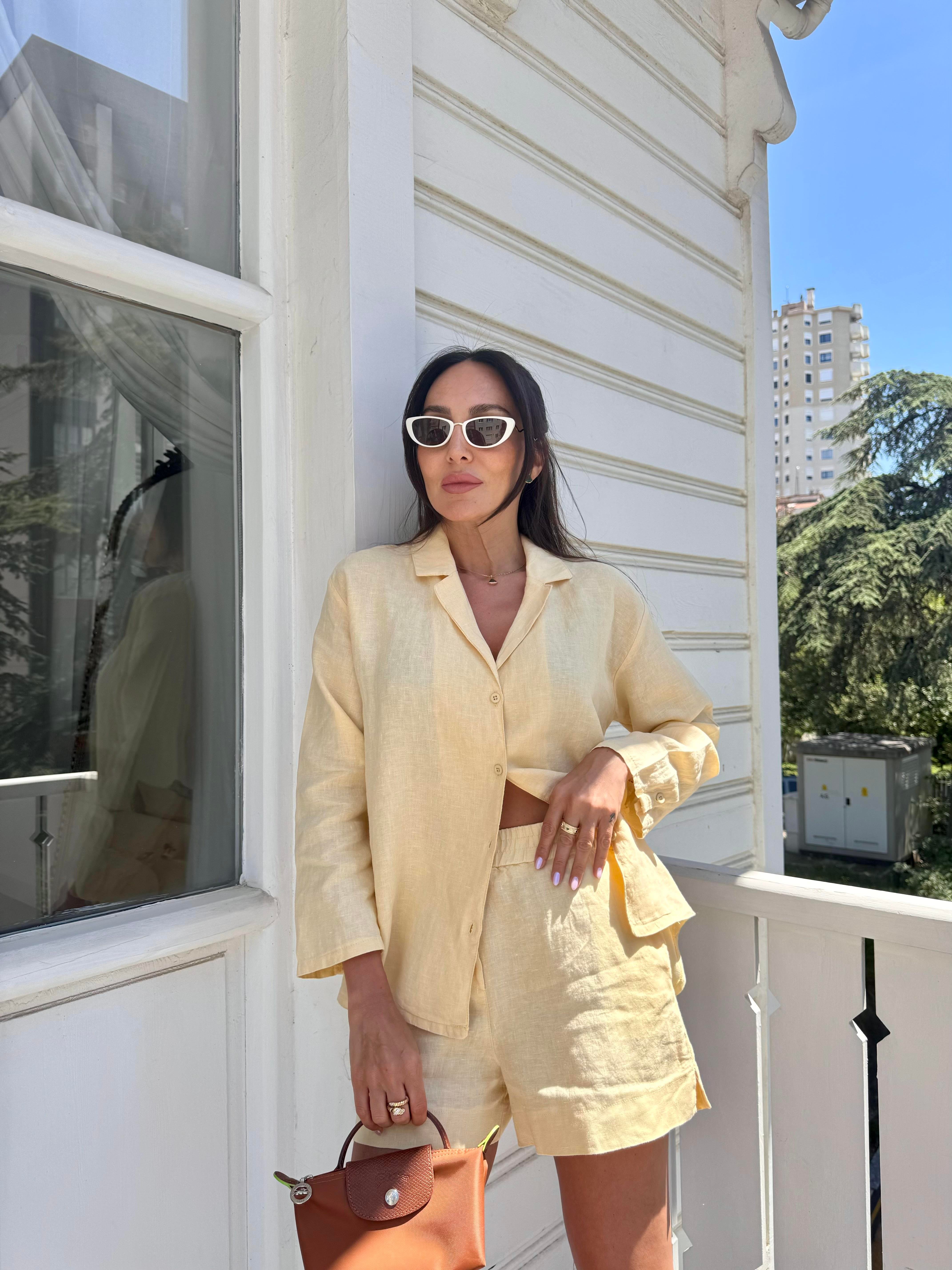 Sarı Keten Şortlu Takım