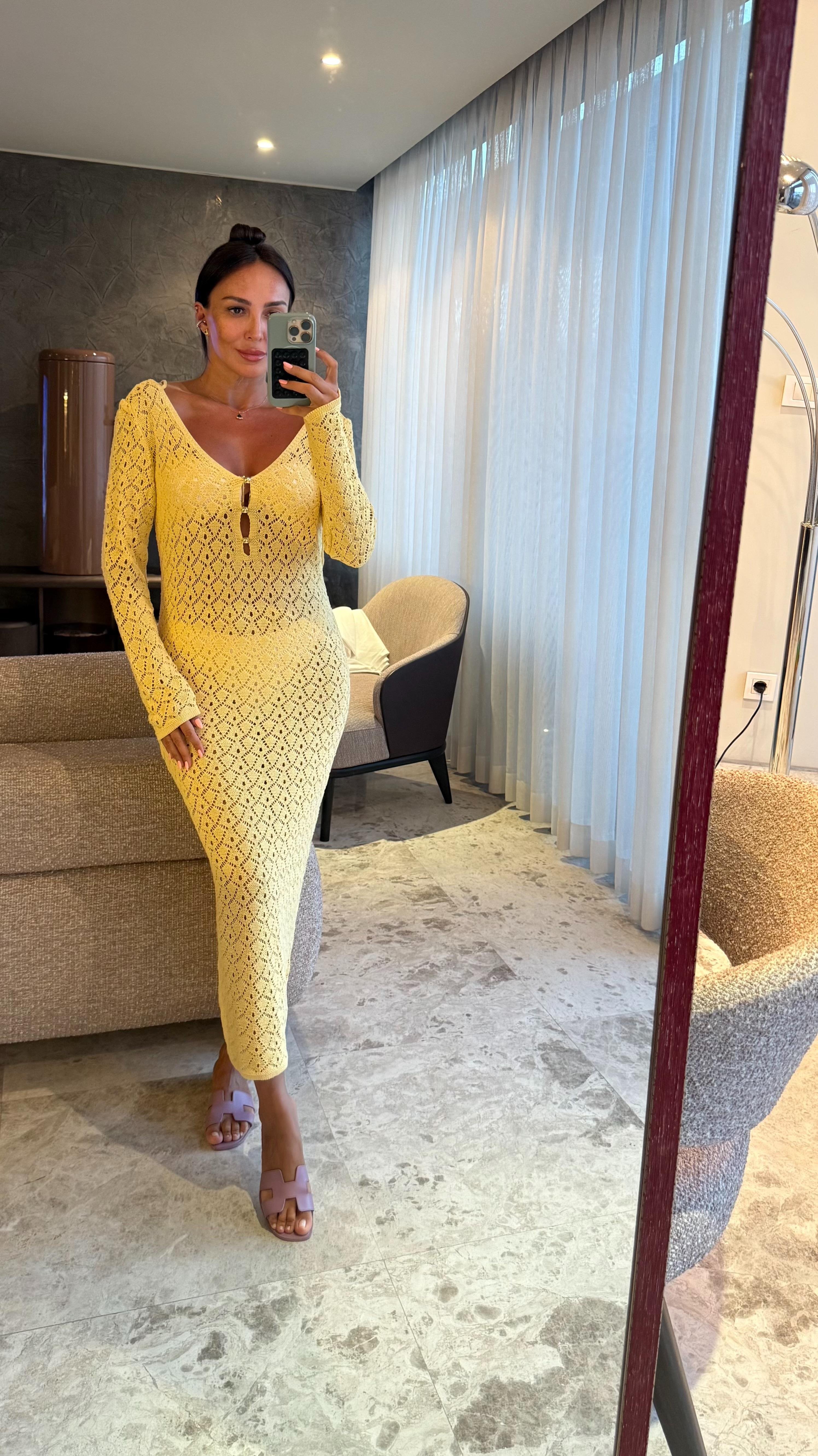 Sarı Önden Düğmeli Triko Elbise