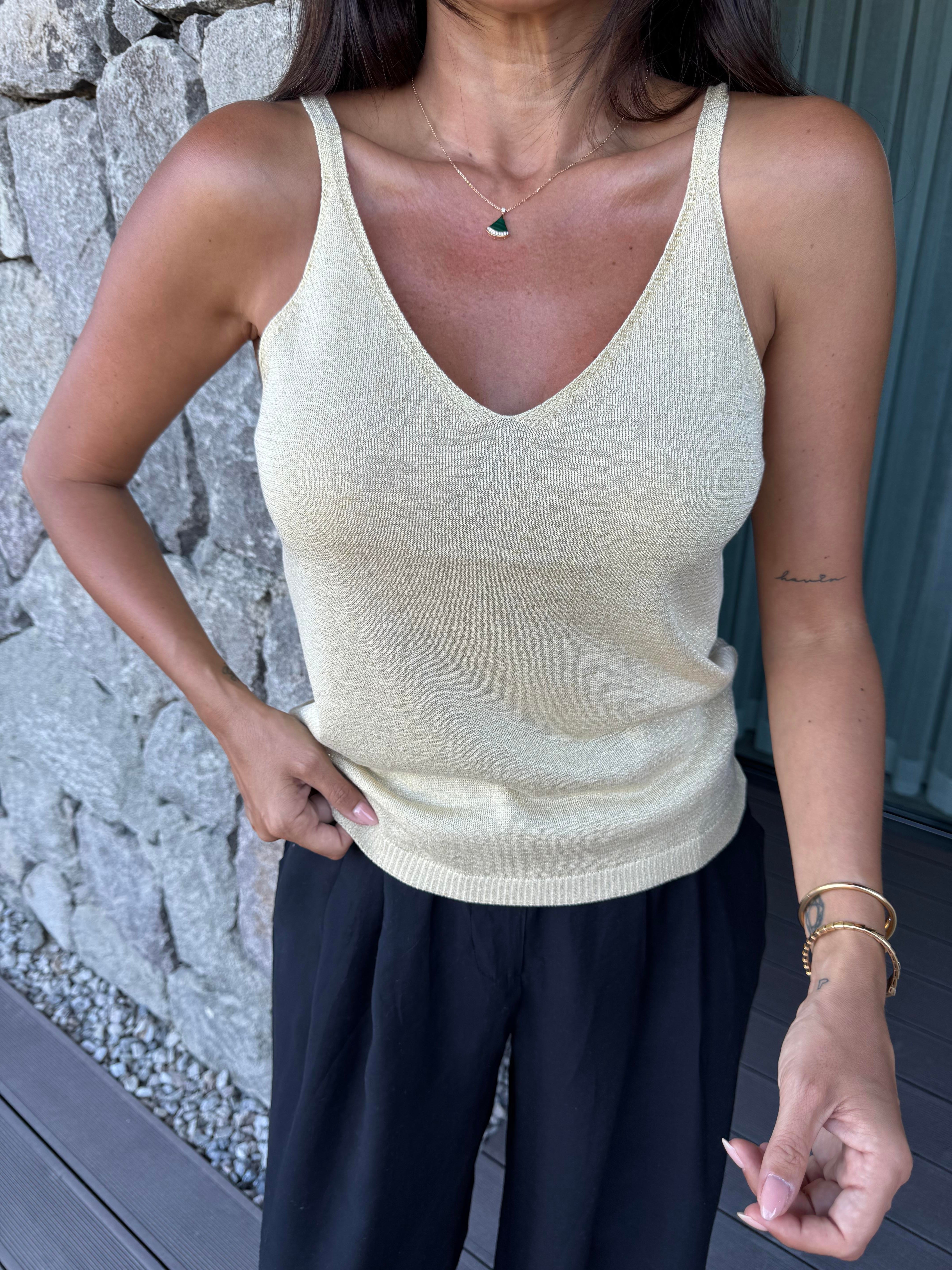 Sarı Simli Askılı Bluz