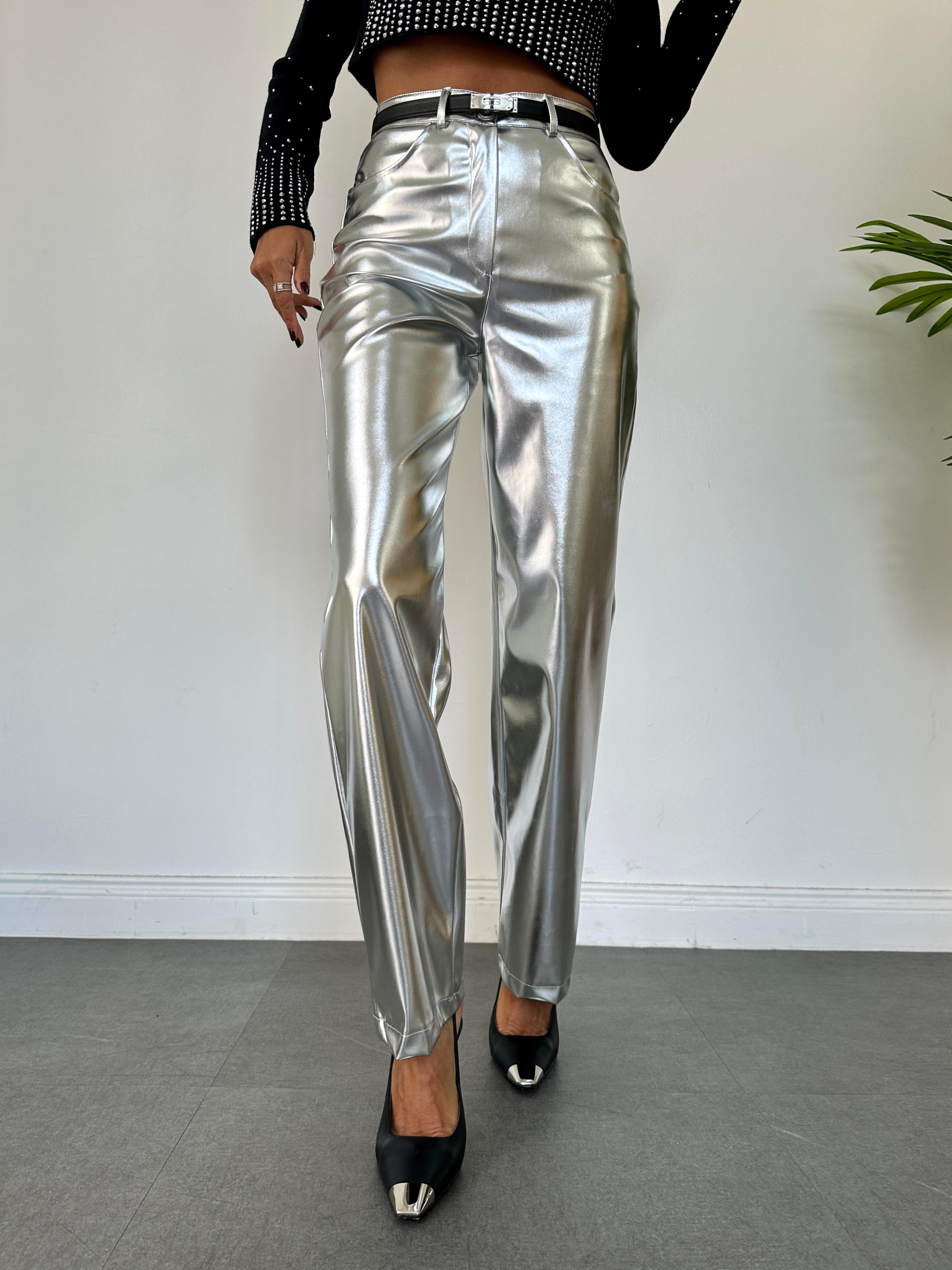 Silver Metalik Wide-Leg Pantolon