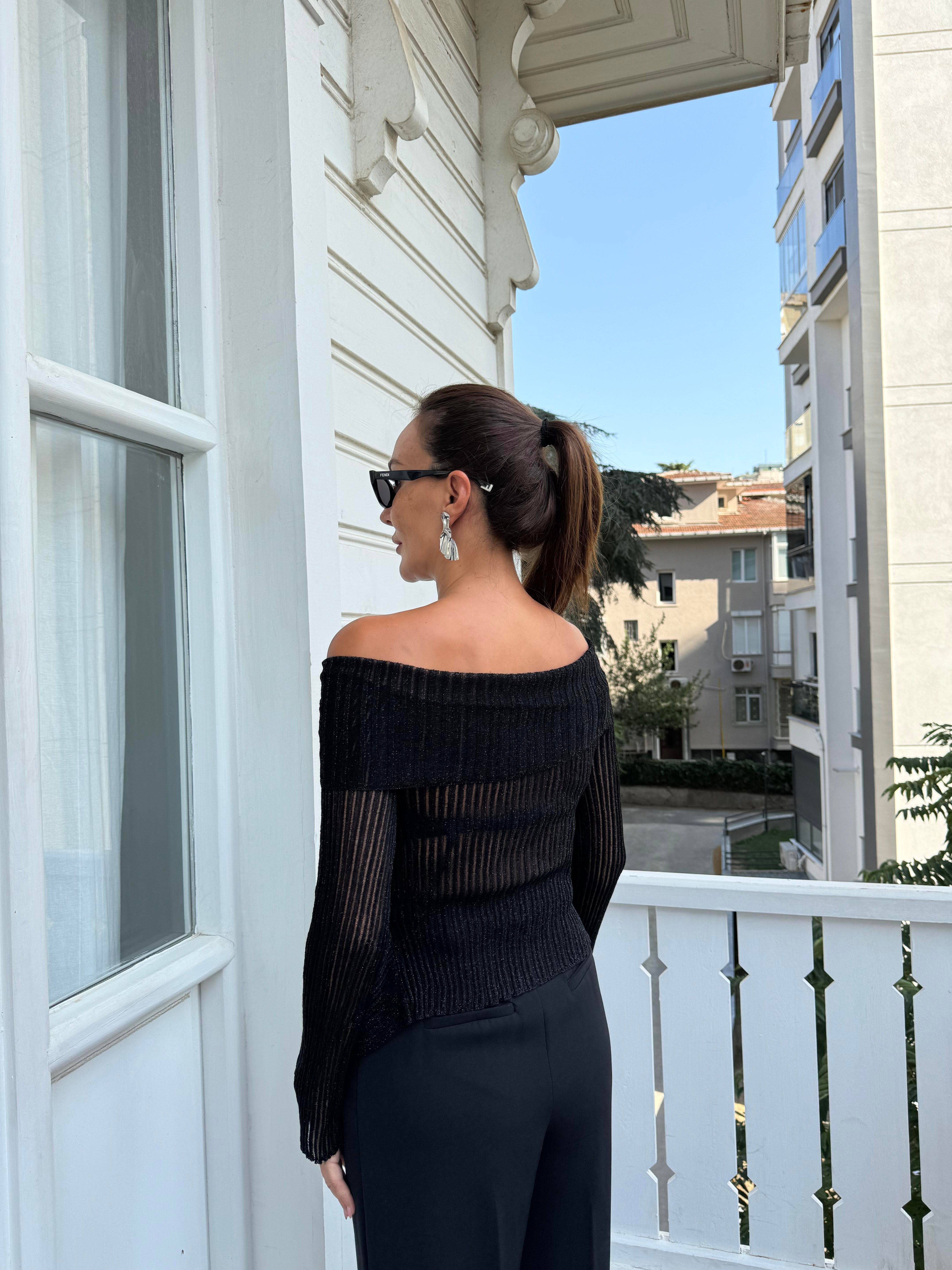 Siyah Ajurlu Bardot Yaka Transparan Triko Kazak