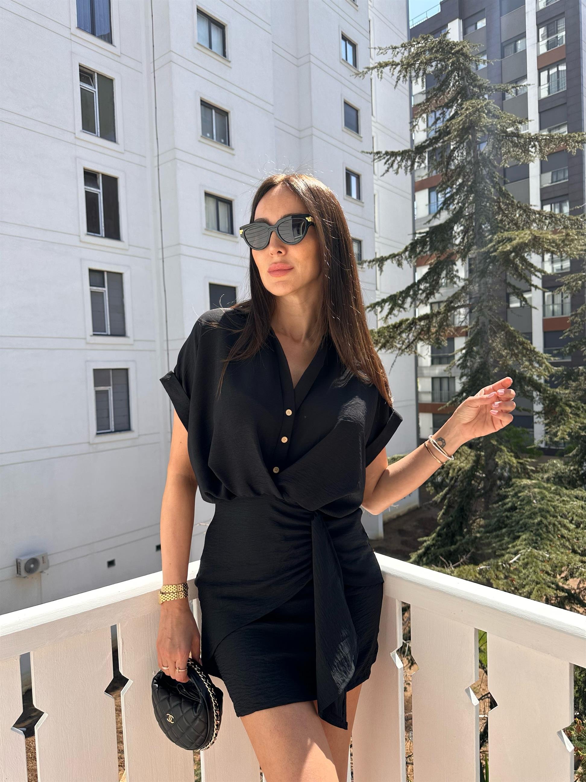 Siyah  Bağlama Detay Elbise