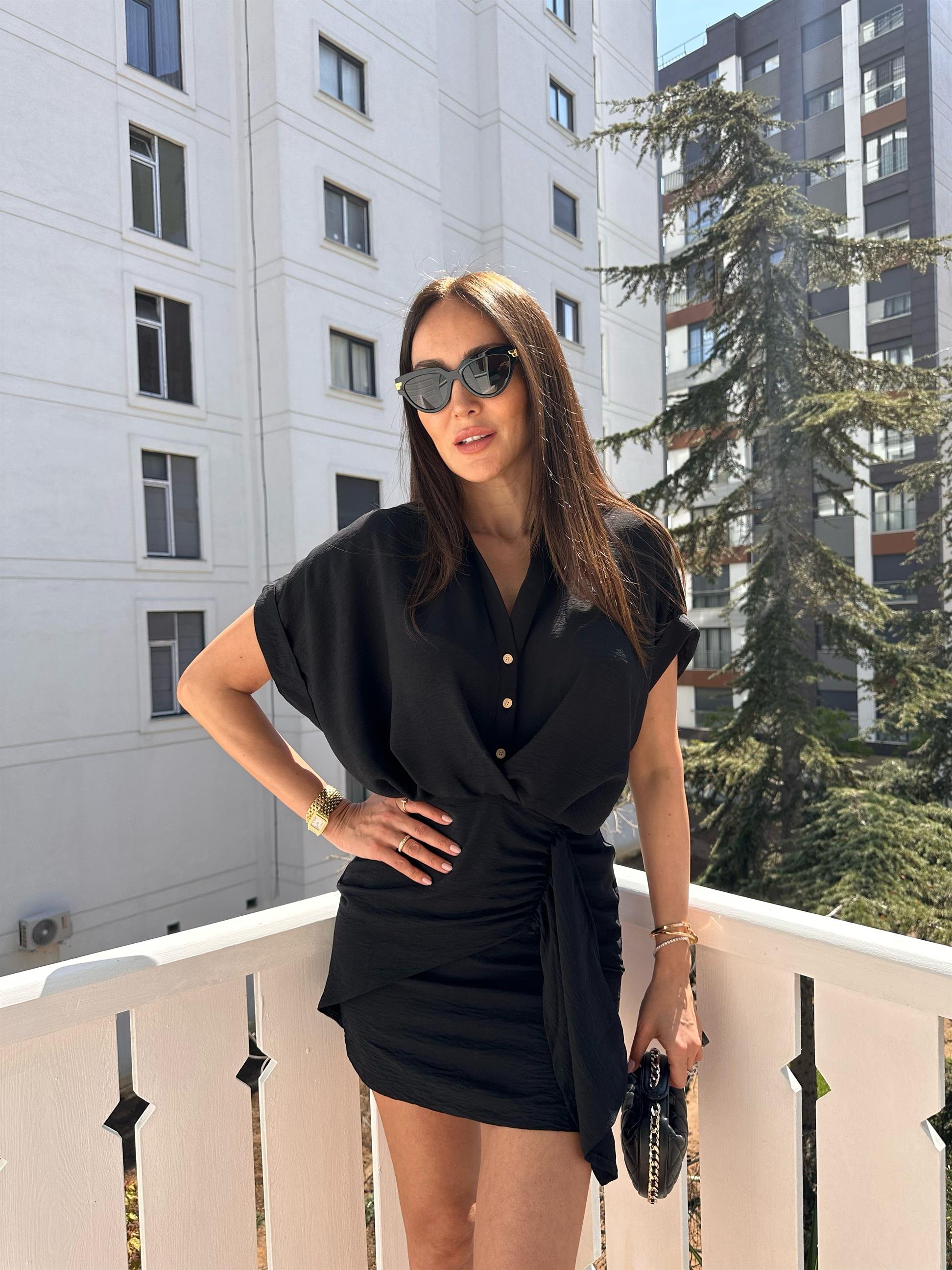 Siyah  Bağlama Detay Elbise