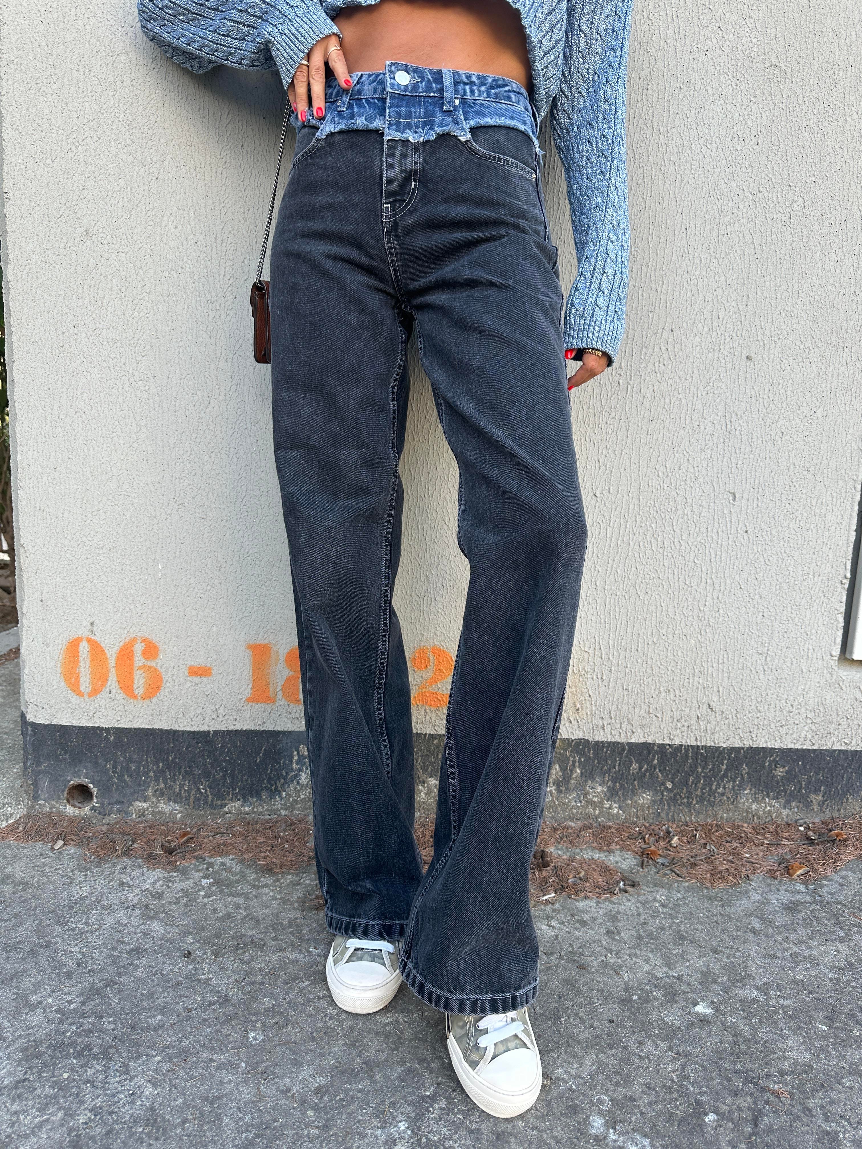 Siyah Bel Detay Wide-Leg Jean Pantolon
