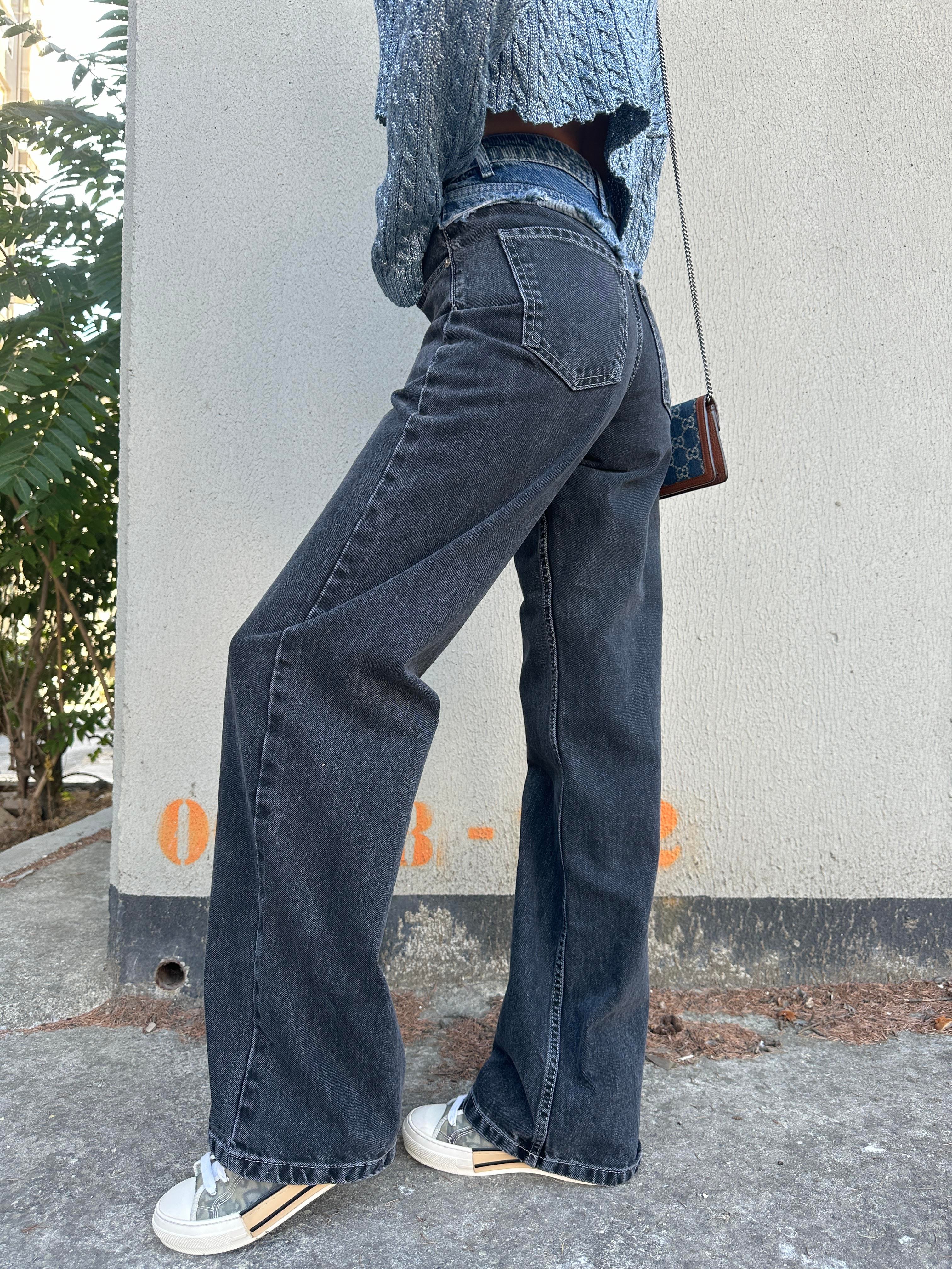 Siyah Bel Detay Wide-Leg Jean Pantolon