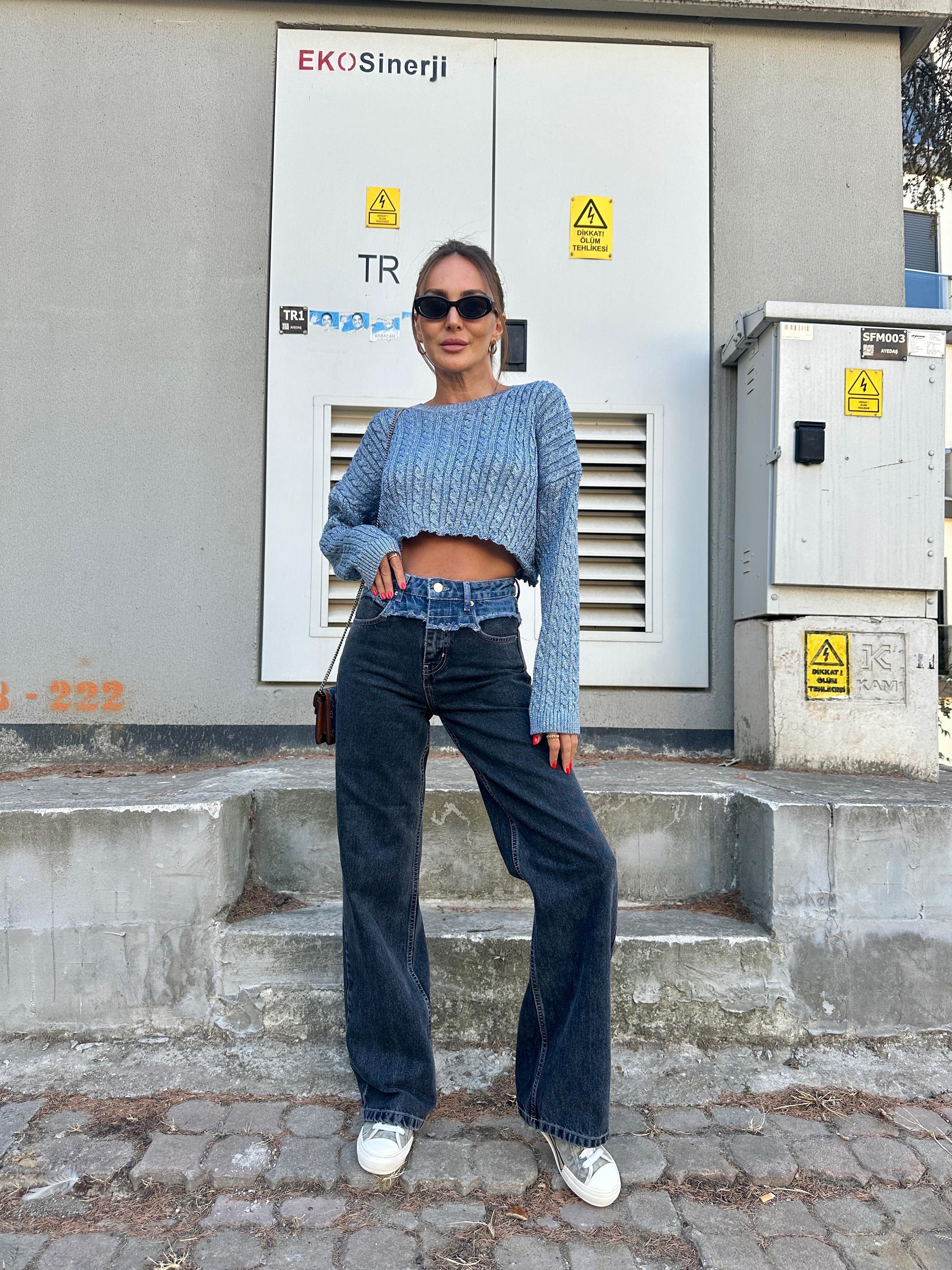 Siyah Bel Detay Wide-Leg Jean Pantolon