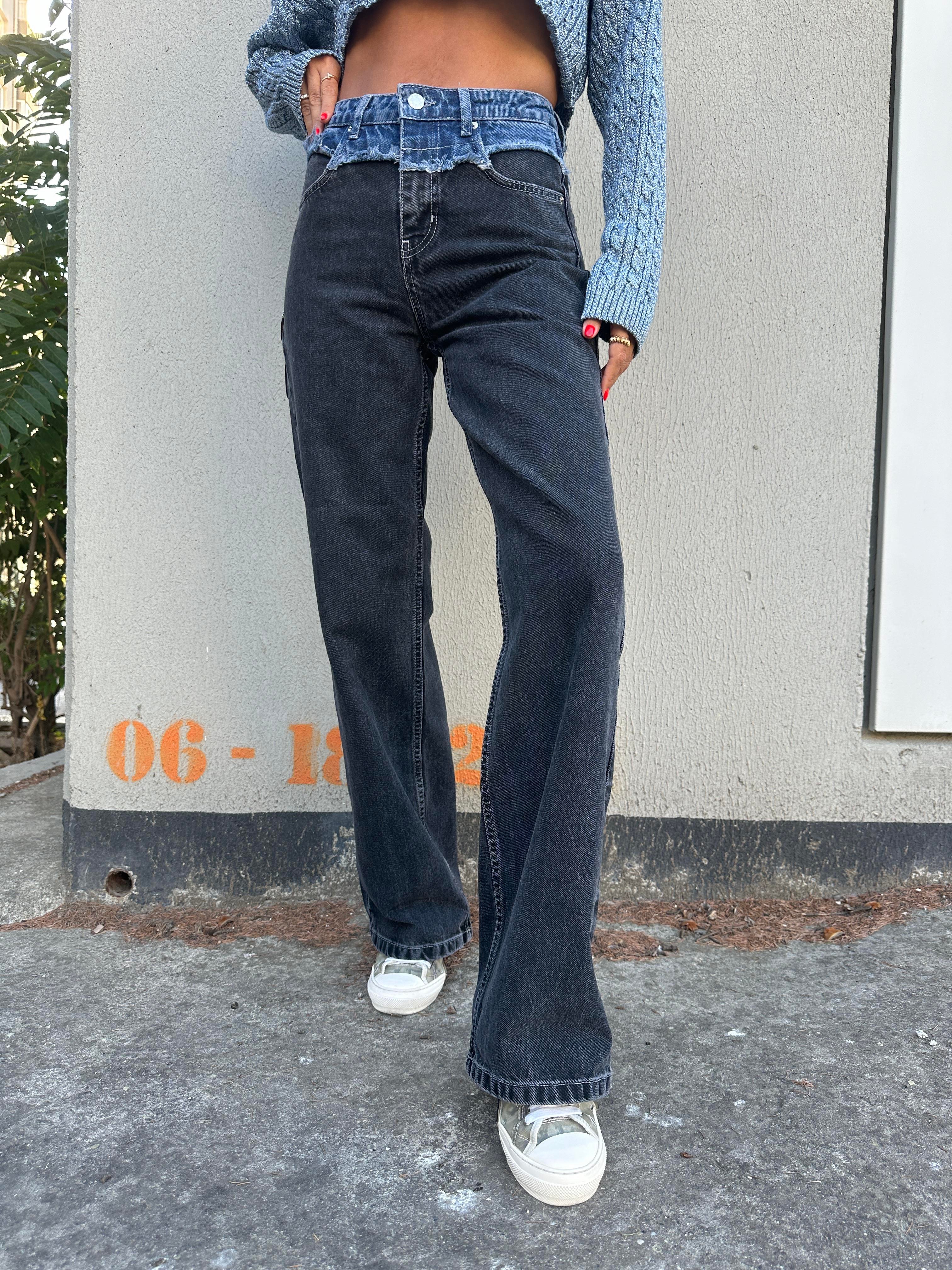Siyah Bel Detay Wide-Leg Jean Pantolon