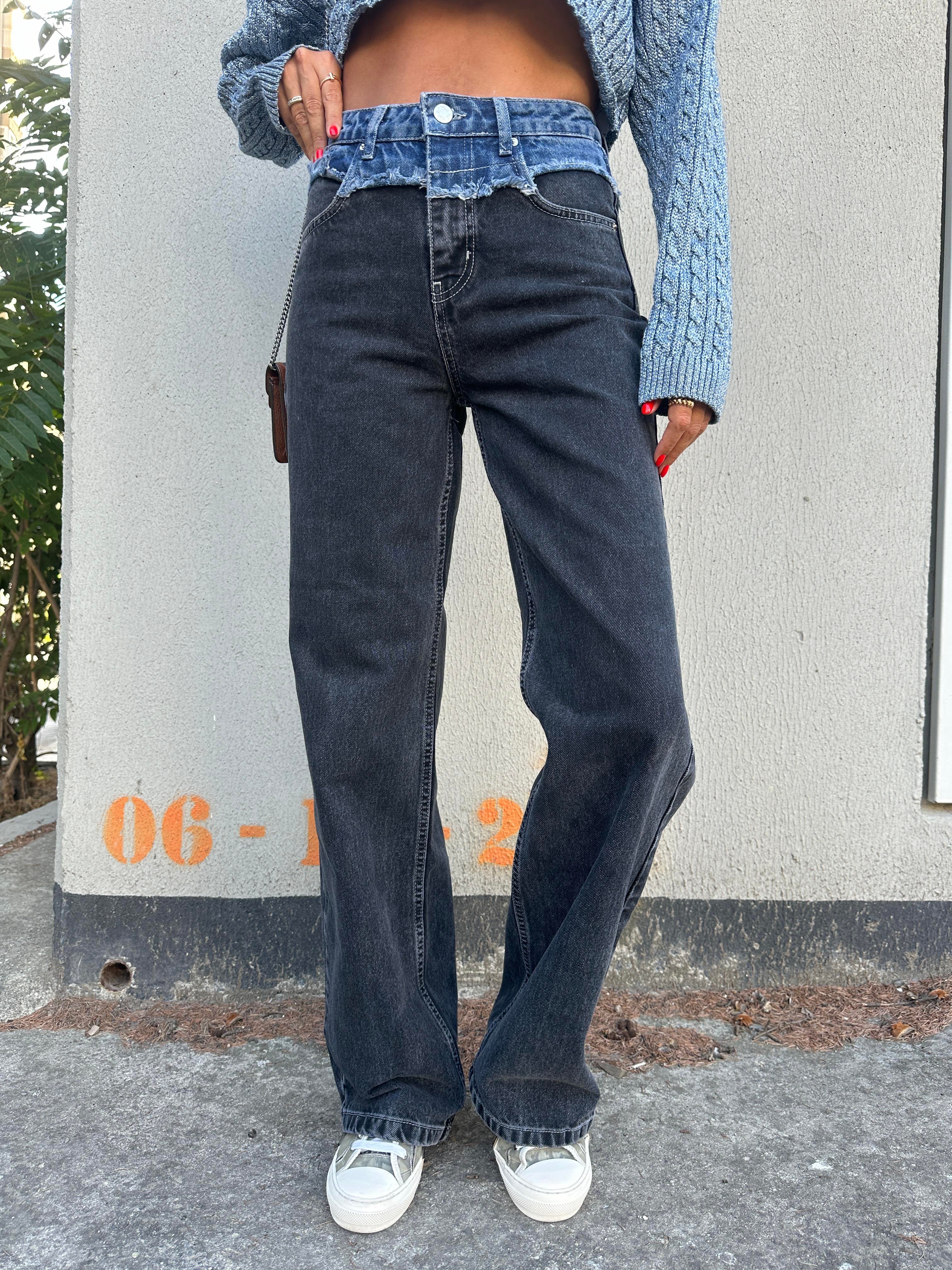 Siyah Bel Detay Wide-Leg Jean Pantolon