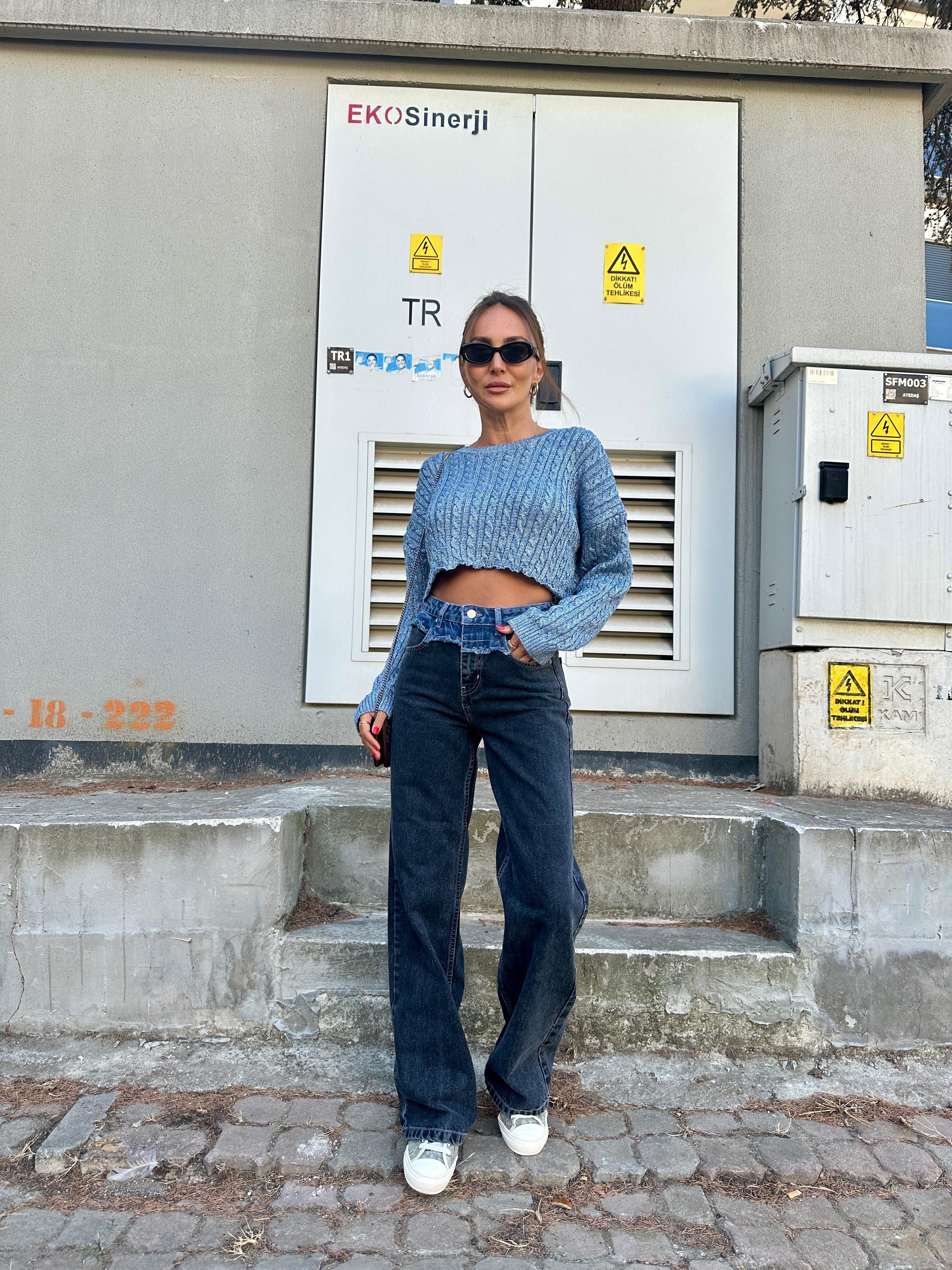 Siyah Bel Detay Wide-Leg Jean Pantolon