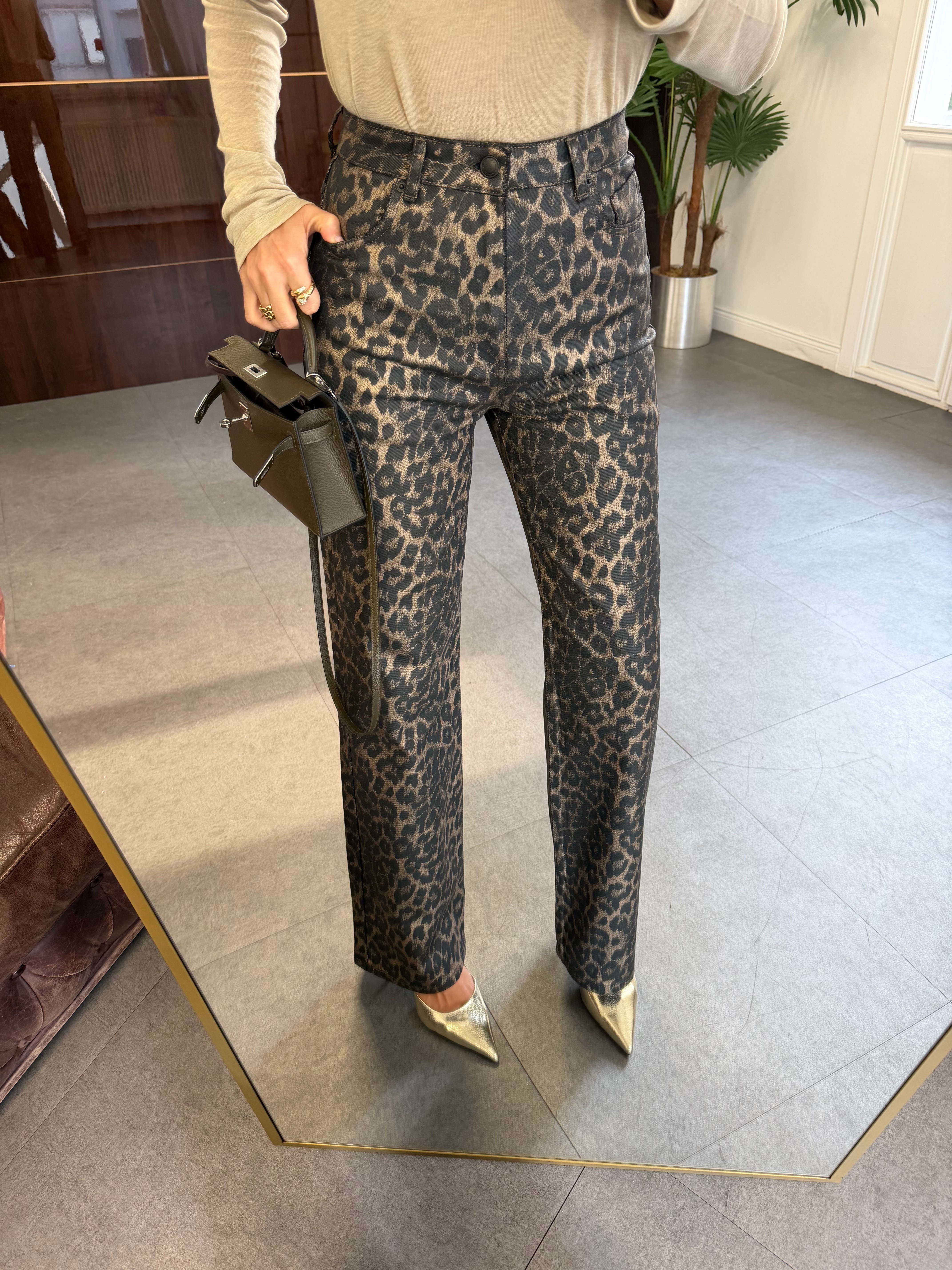 Siyah Benekli Leopar Wide-Leg Pantolon