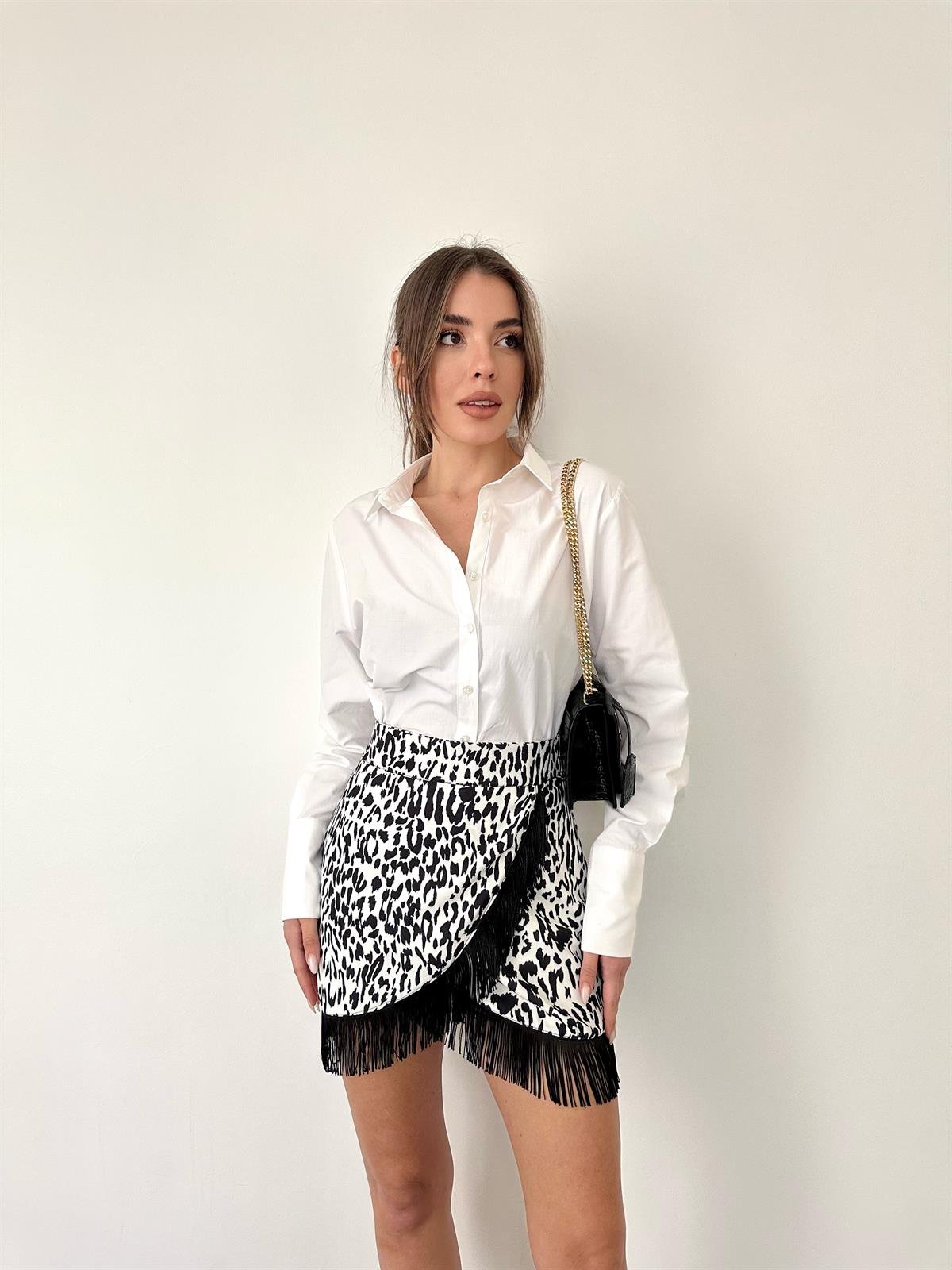 Siyah-Beyaz  Püsküllü Mini Etek