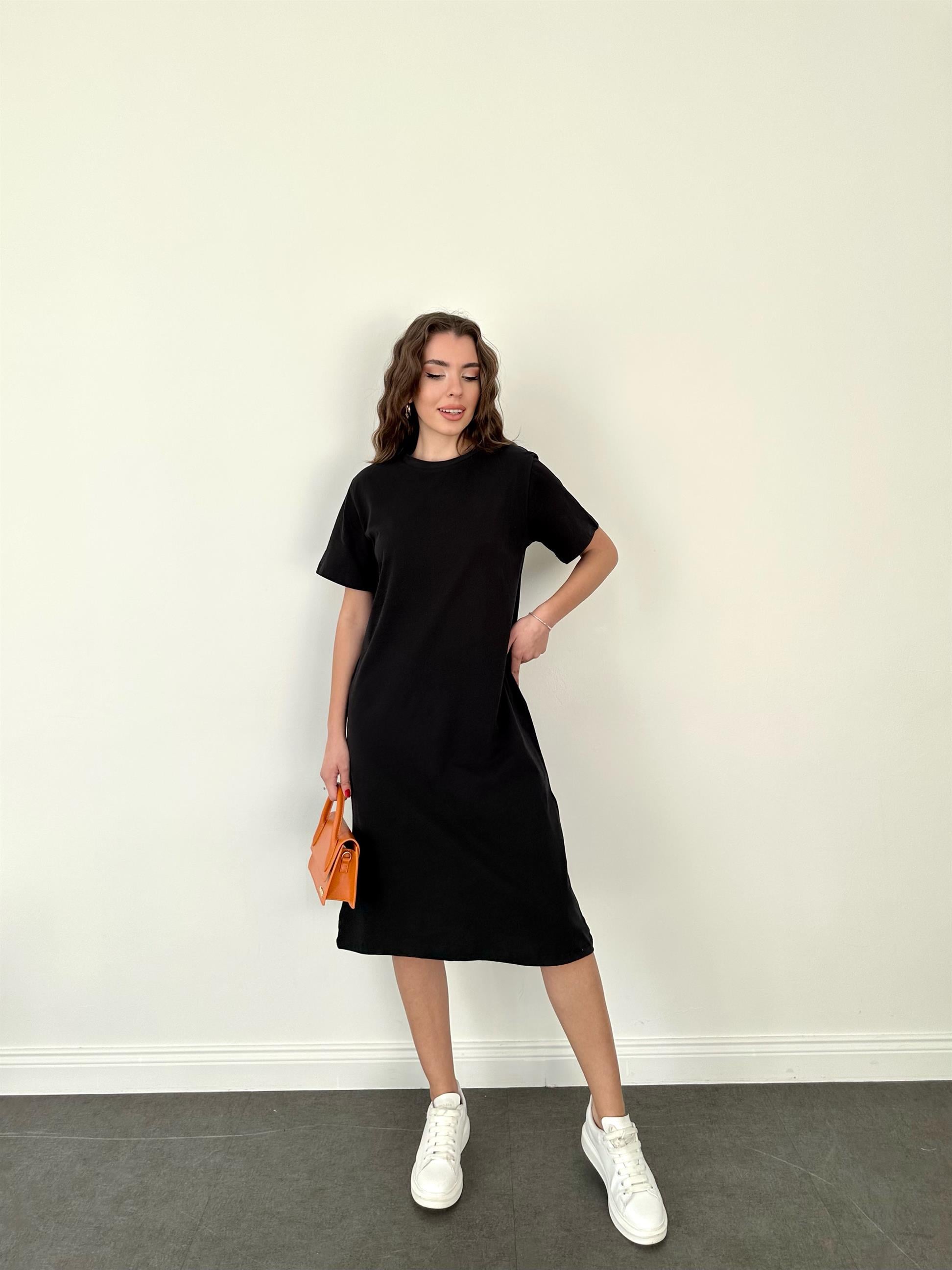 Siyah  Bisiklet Yaka Basic Elbise