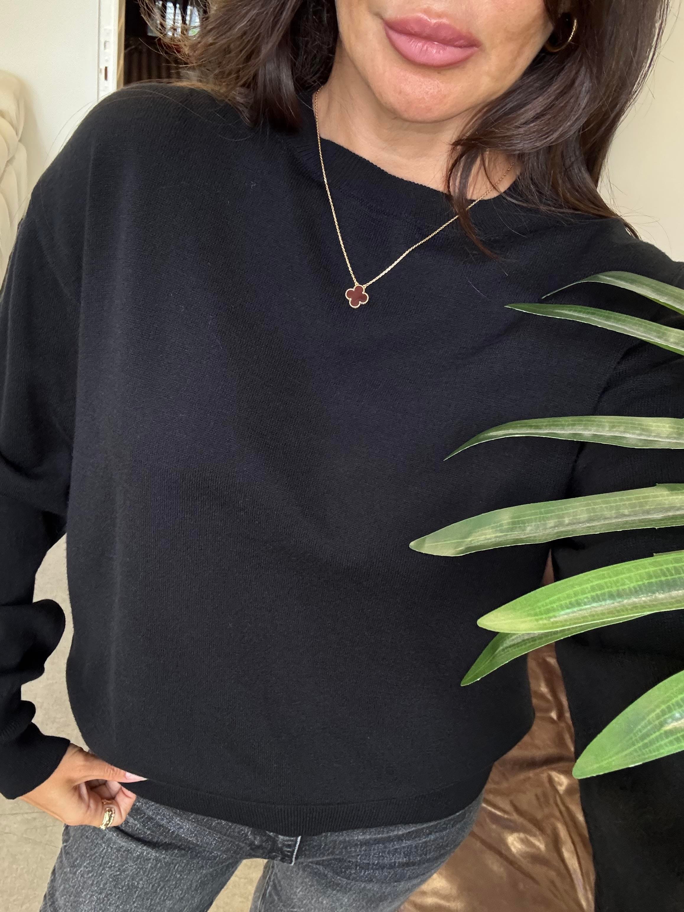 Siyah Bisiklet Yaka Yünlü Basic Triko Kazak