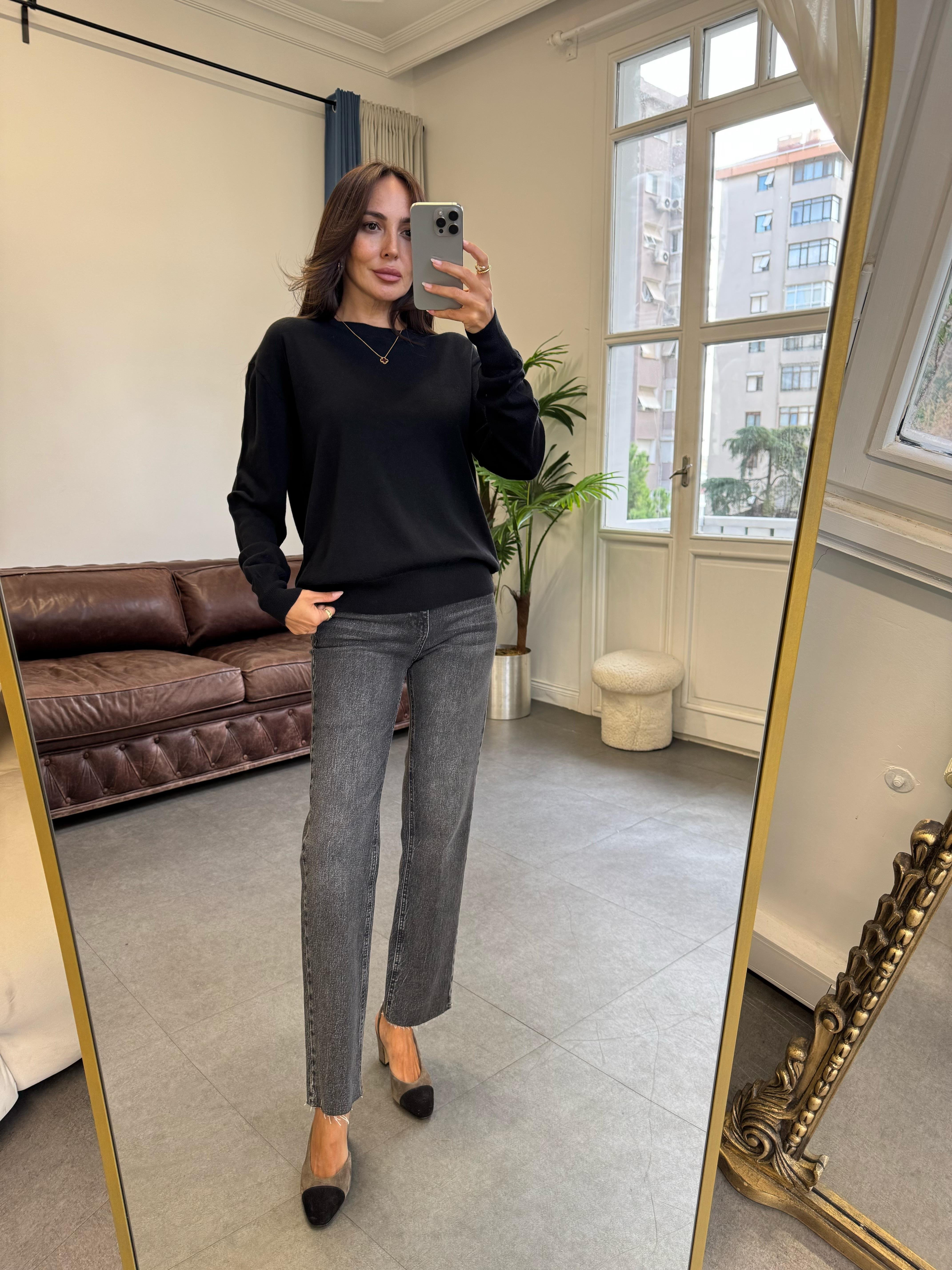 Siyah Bisiklet Yaka Yünlü Basic Triko Kazak