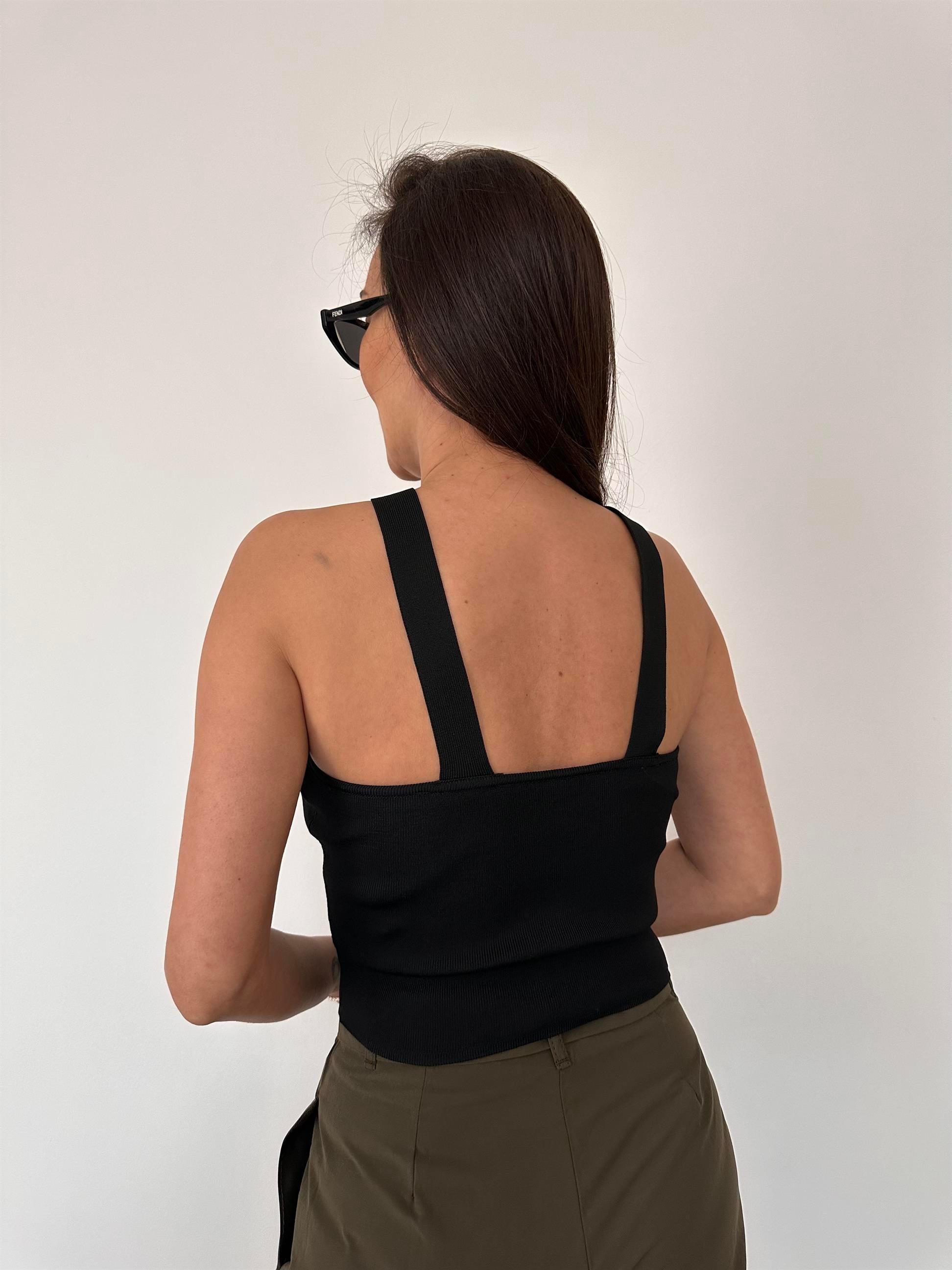 Siyah  Boyundan Bağlamalı Crop Top Bluz