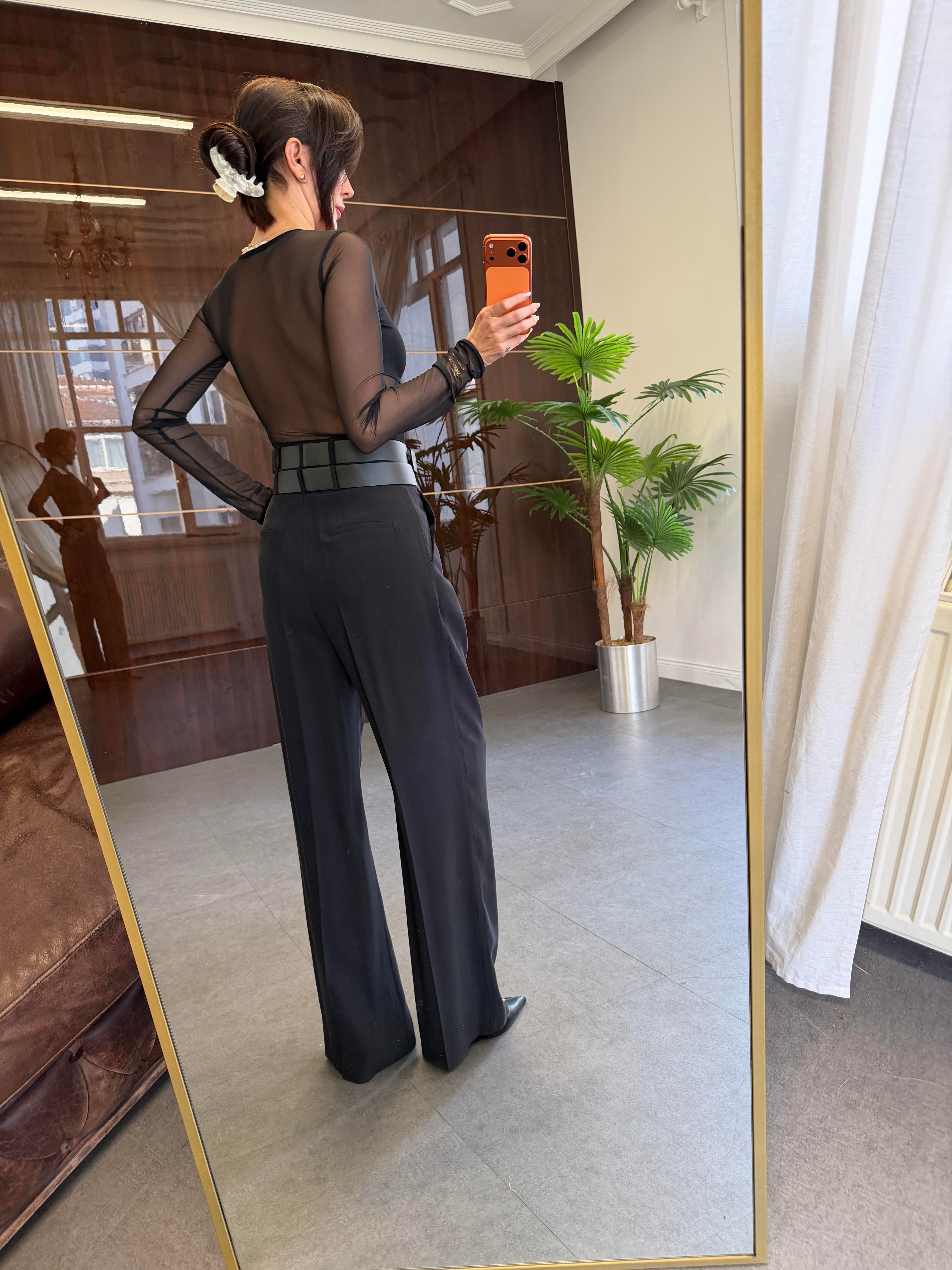 Siyah Çift Kemerli Palazzo Pantolon