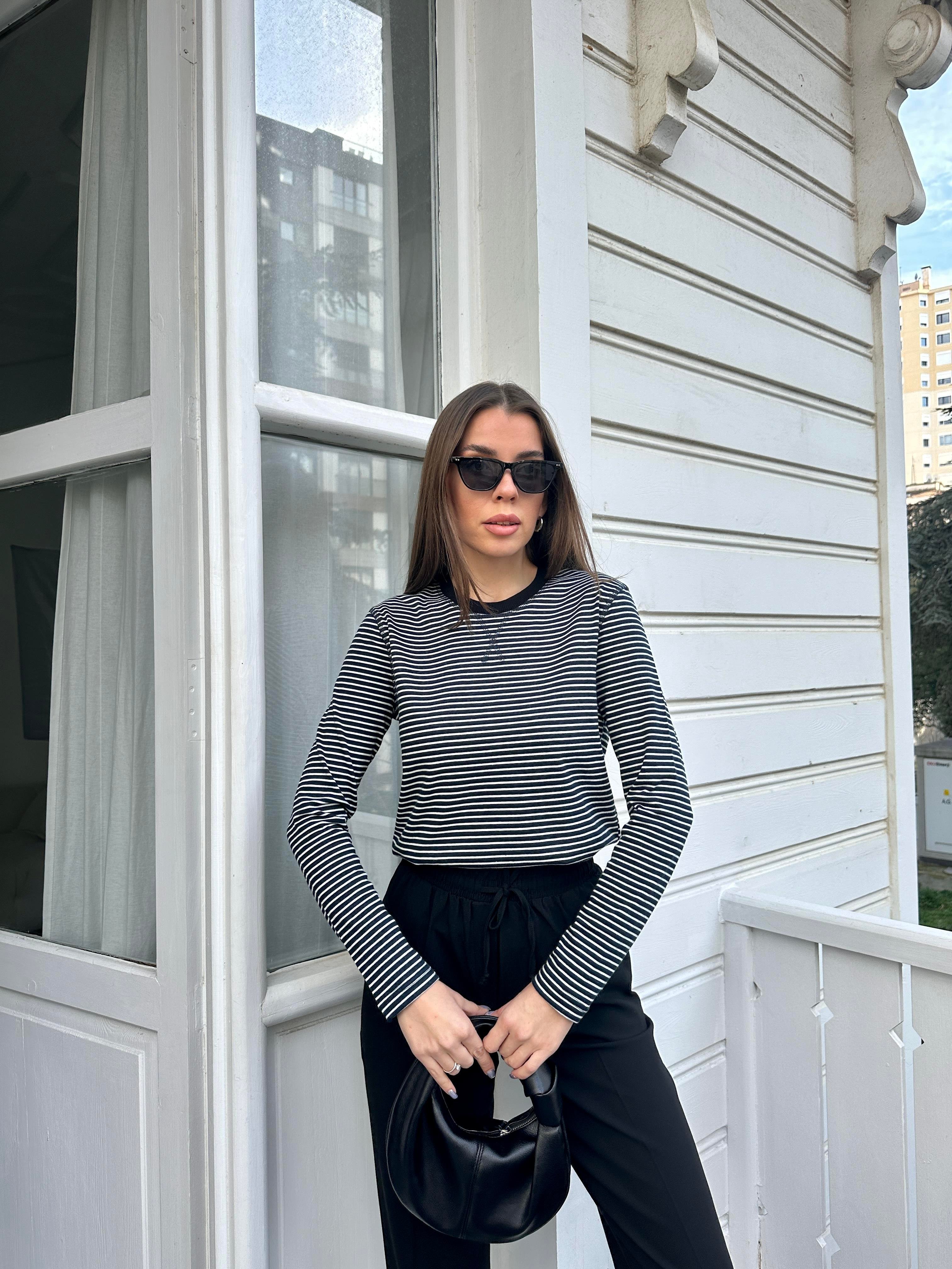 Siyah Çizgili Coton Tshirt