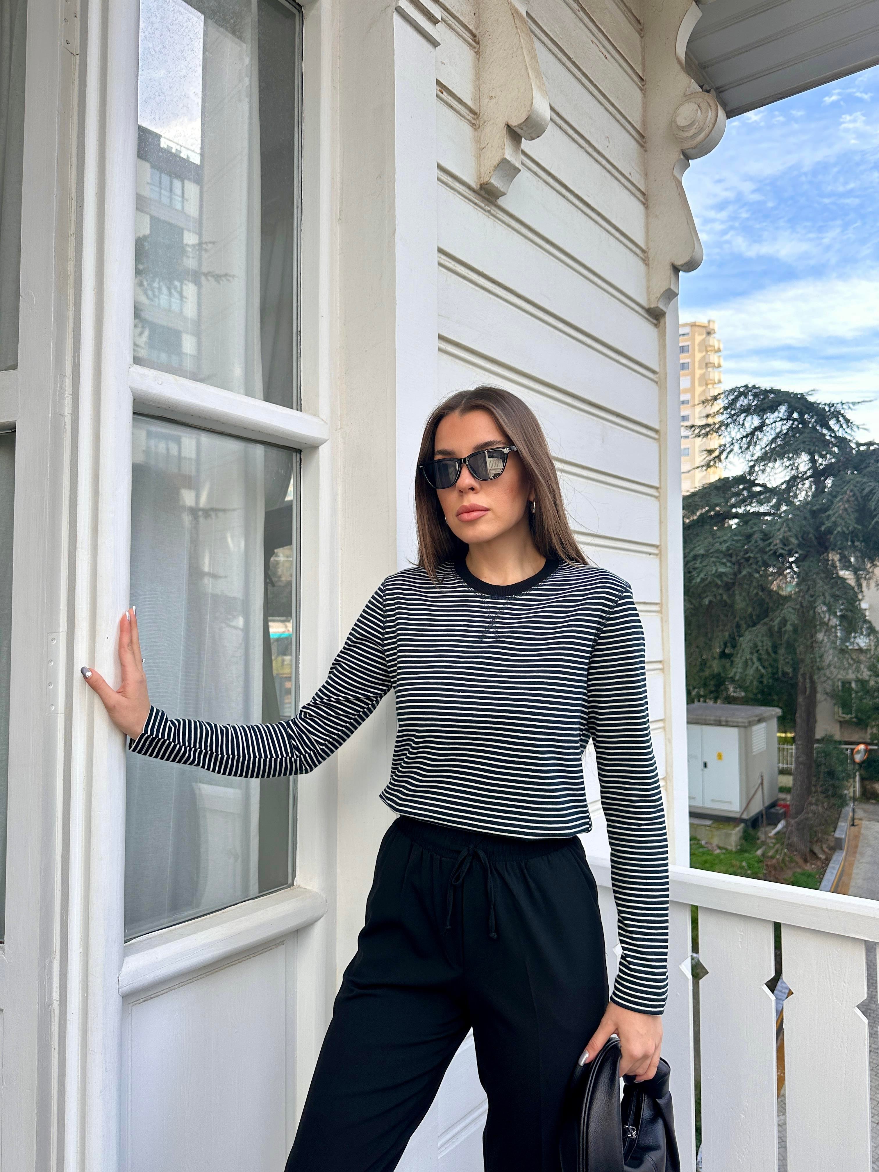 Siyah Çizgili Coton Tshirt