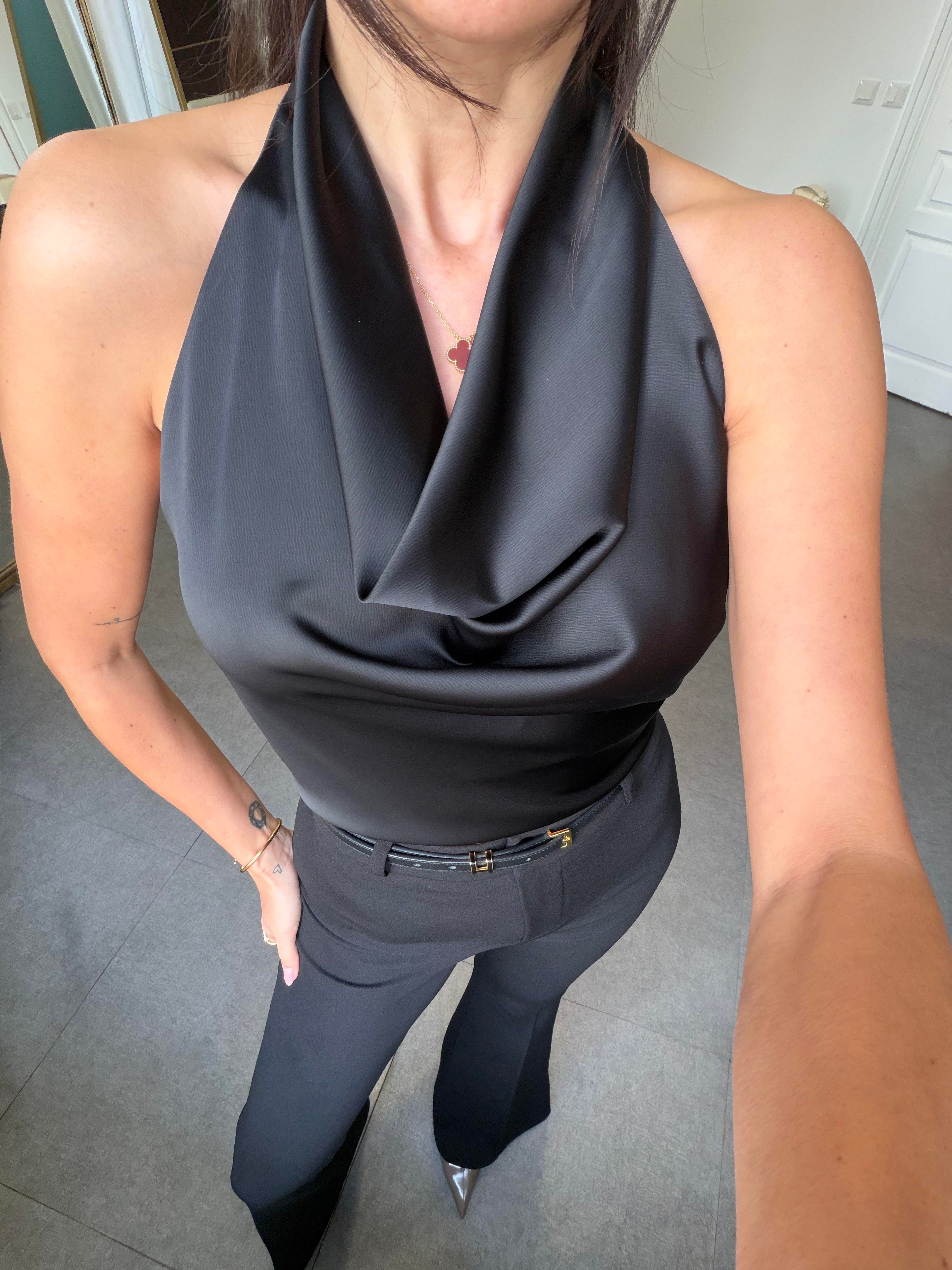 Siyah Degaje Yaka Saten Bluz